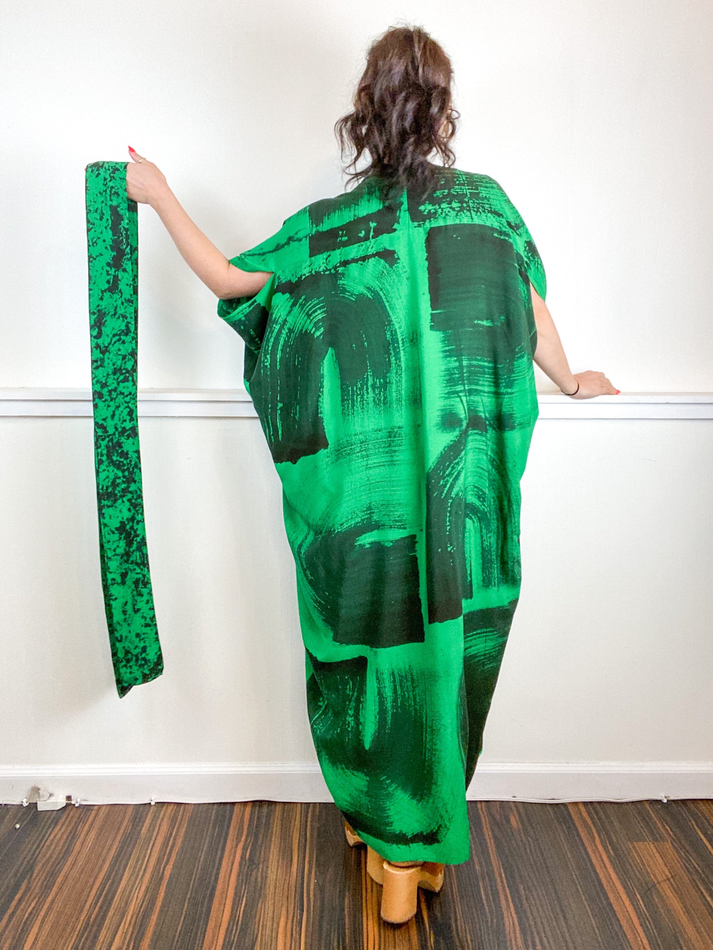 Hand-Dyed High Low Kimono Green Black Brushstroke