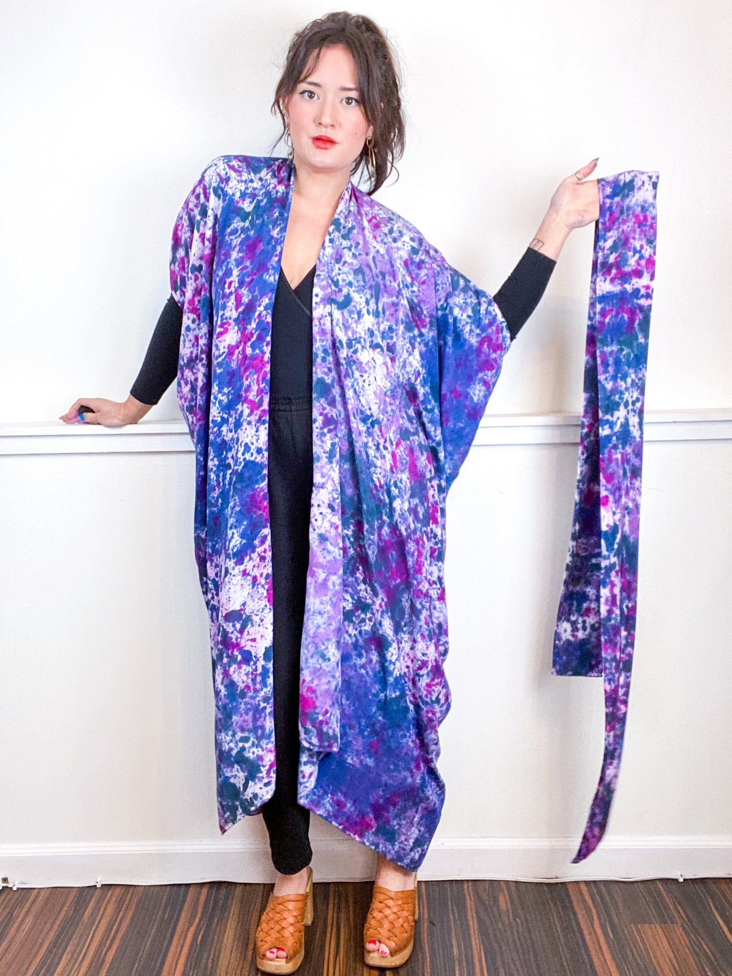 Hand-Dyed High Low Kimono Amethyst Orchid Indigo Teal Speckle