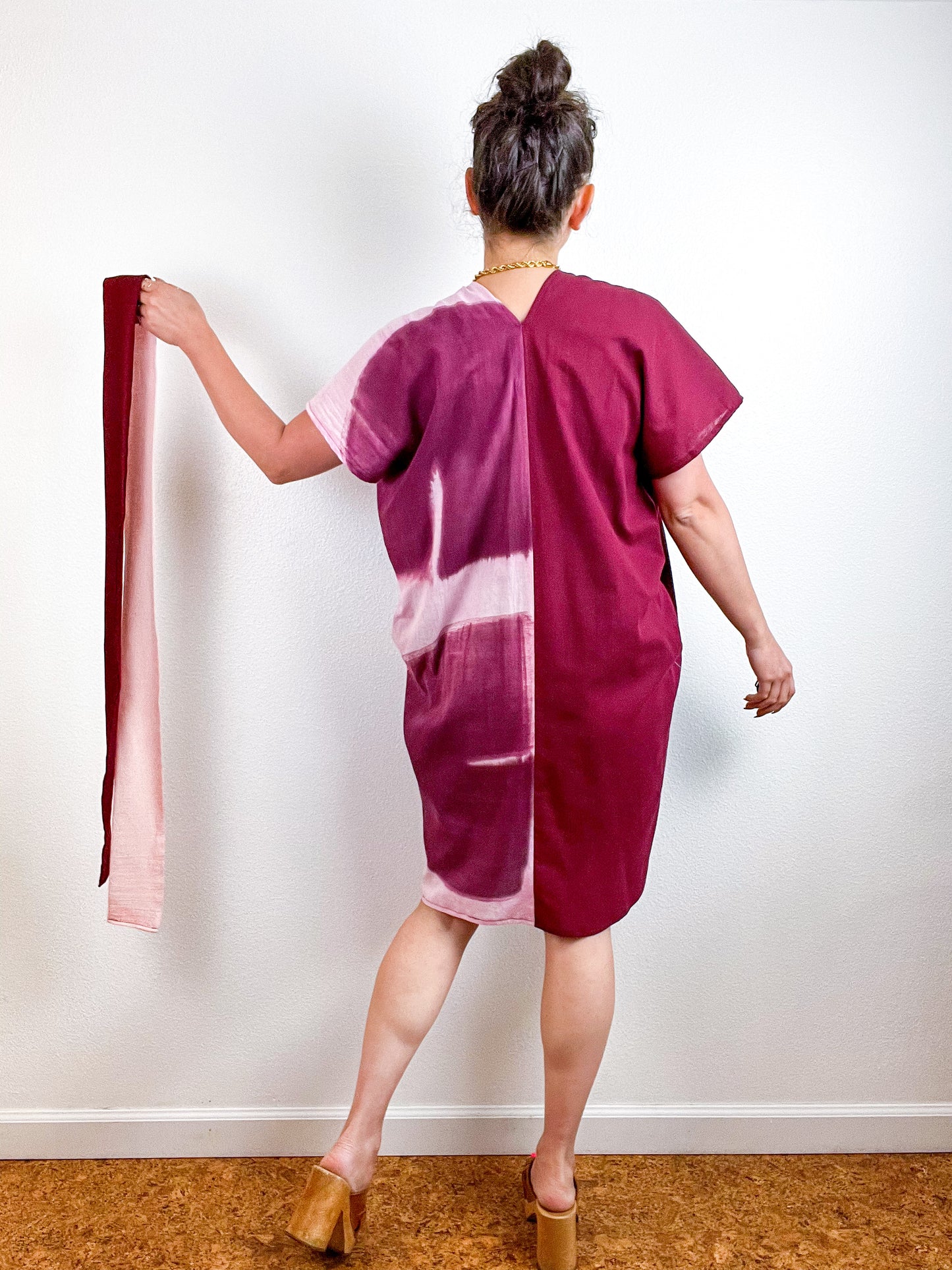 Single Gauze Mini Caftan Dress Maroon Blush Brushstrokes