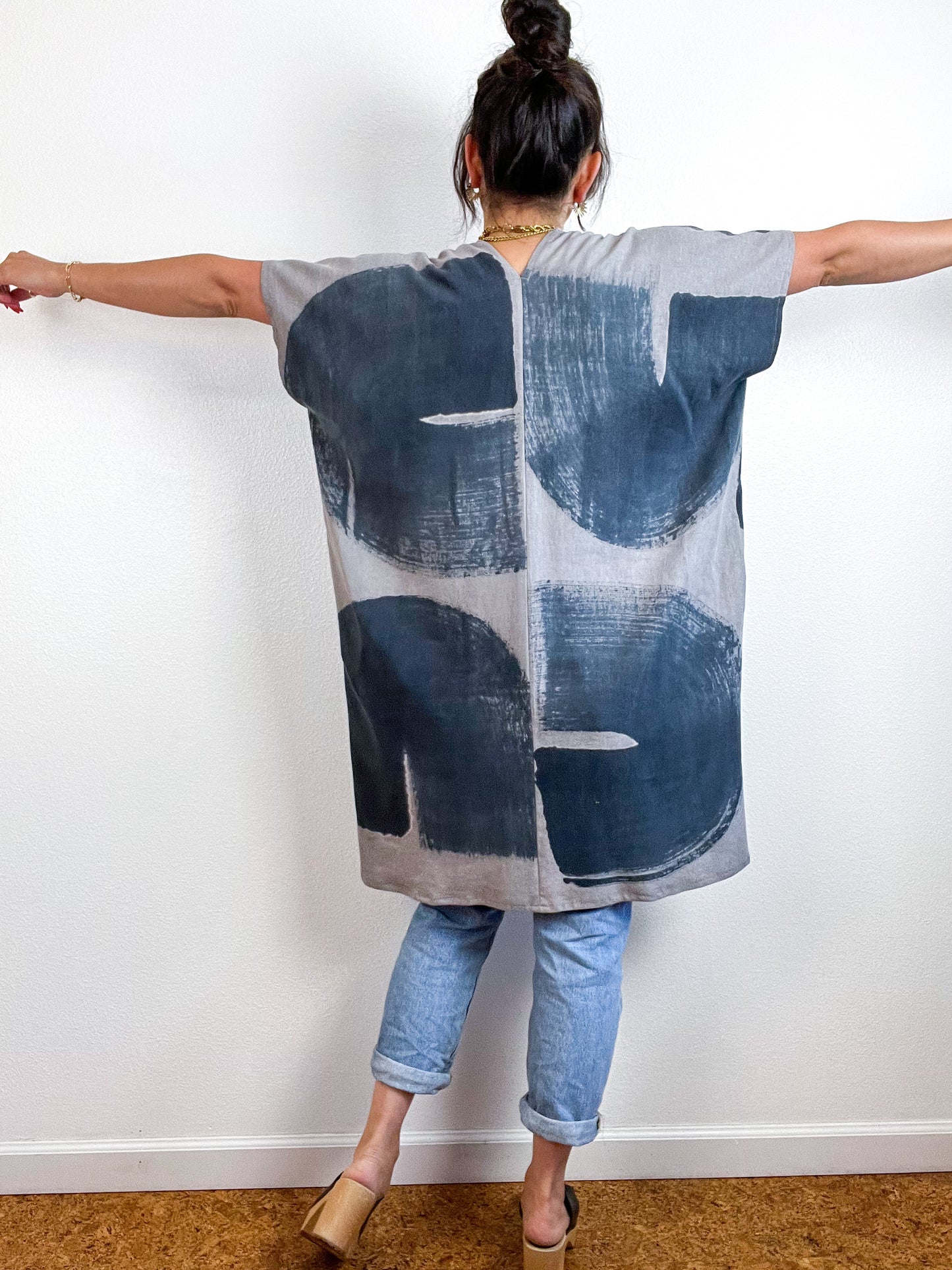 Hand-Dyed Mini Smock Dress Cocoa Graphite Brush