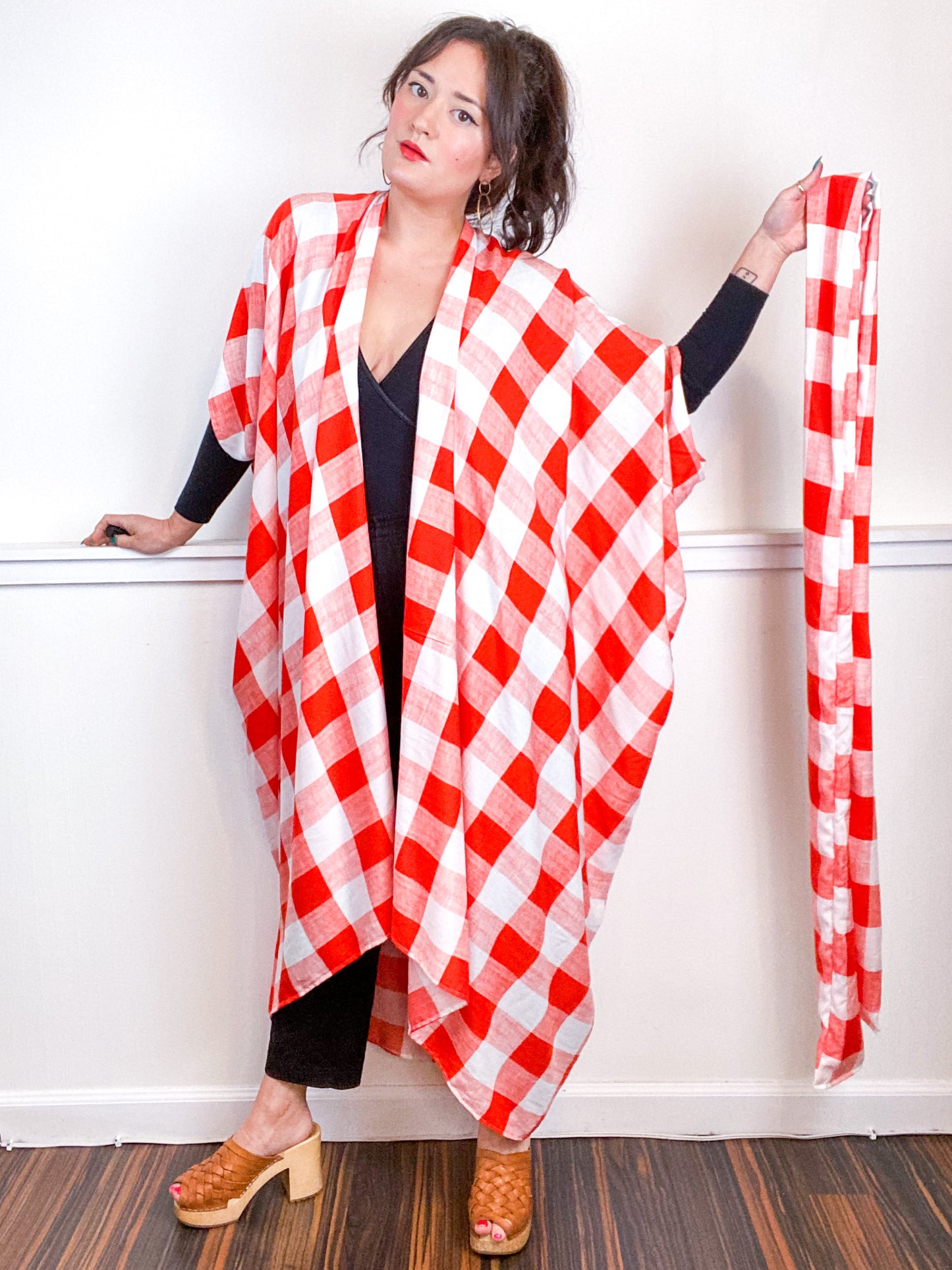 Print High Low Kimono Orange White Checker Rayon Challis