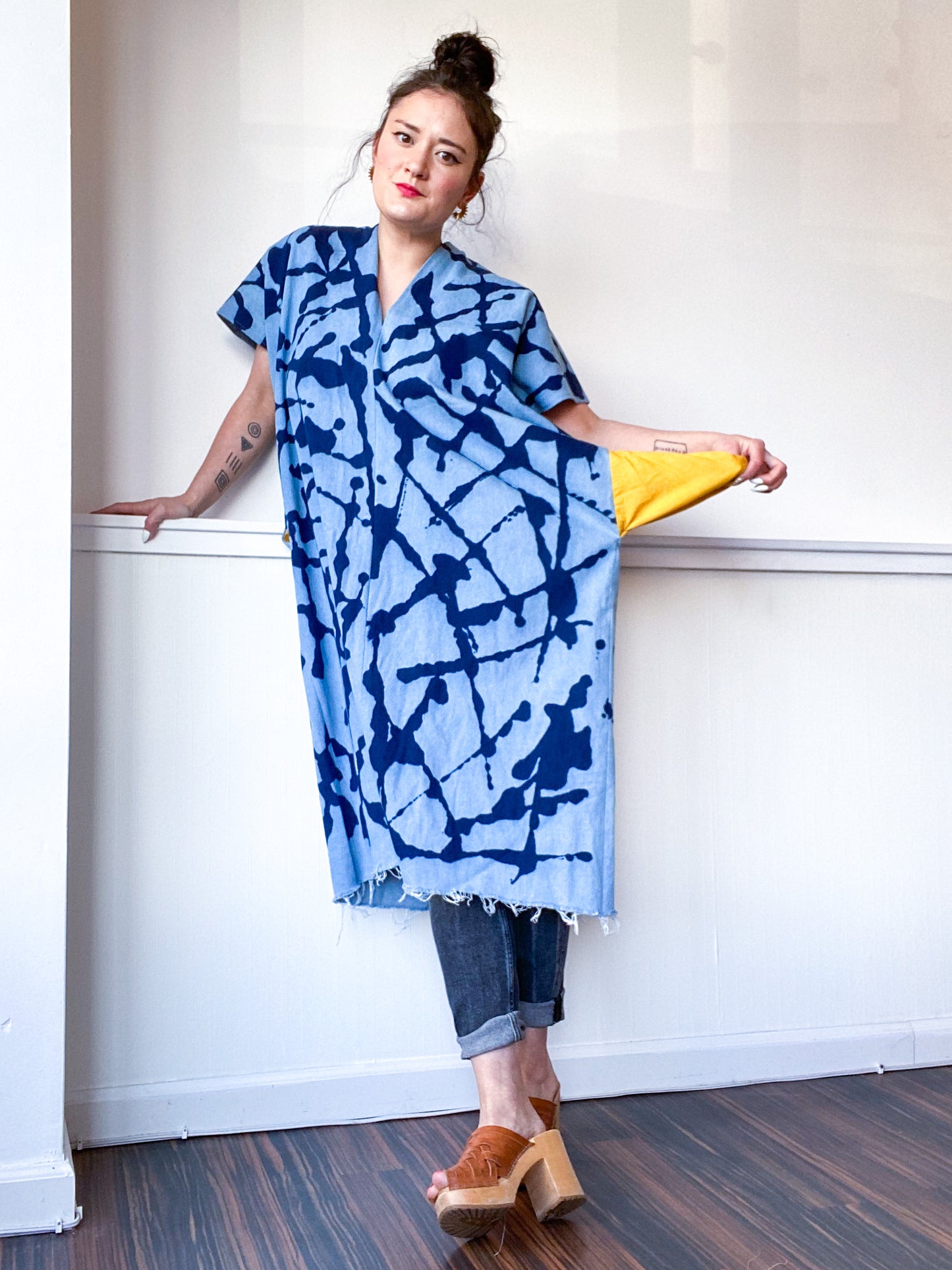 Denim Midi Smock Dress Indigo Lines Size Medium