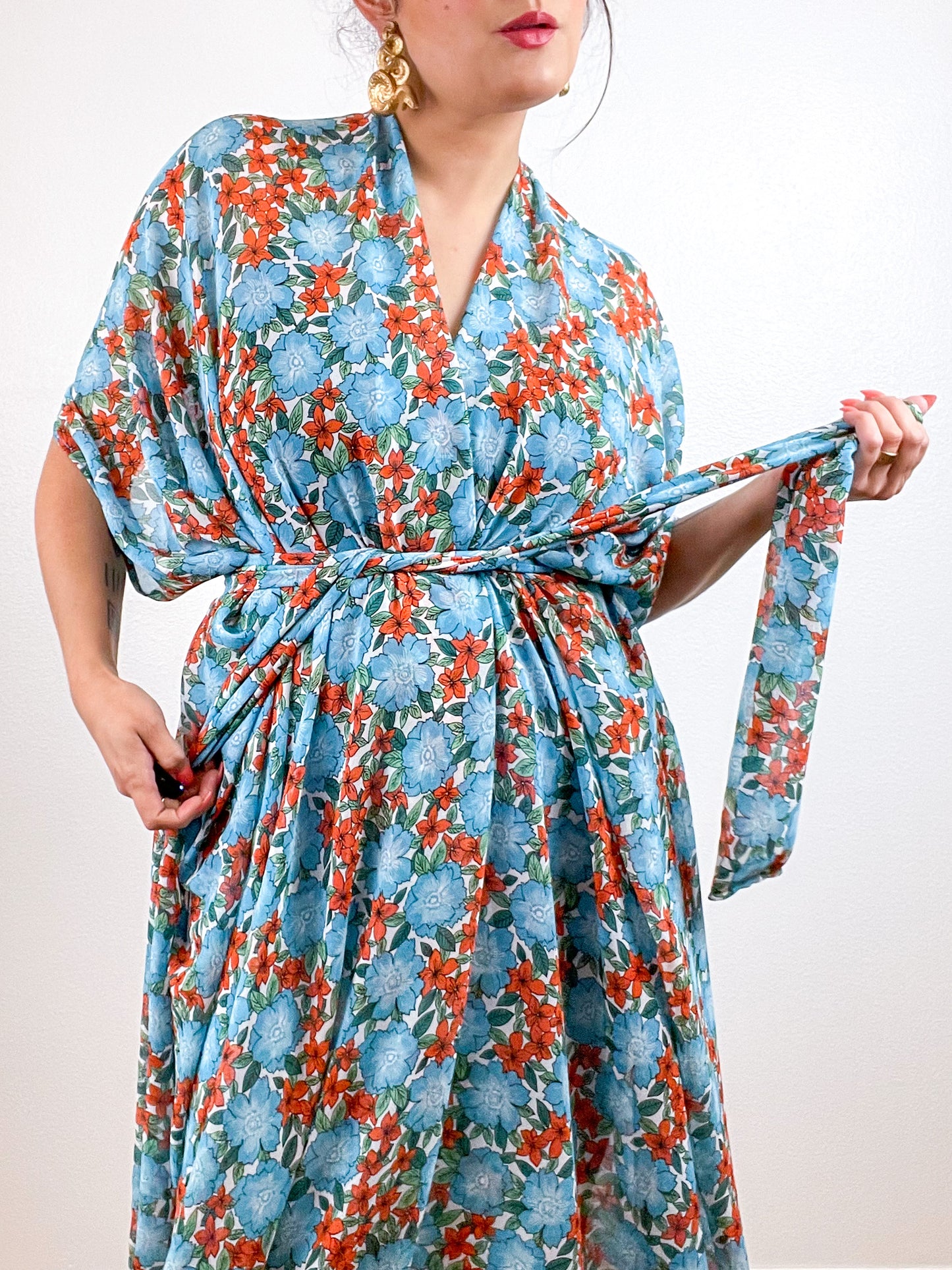 Print High Low Kimono Turquoise Pansy Floral Chiffon