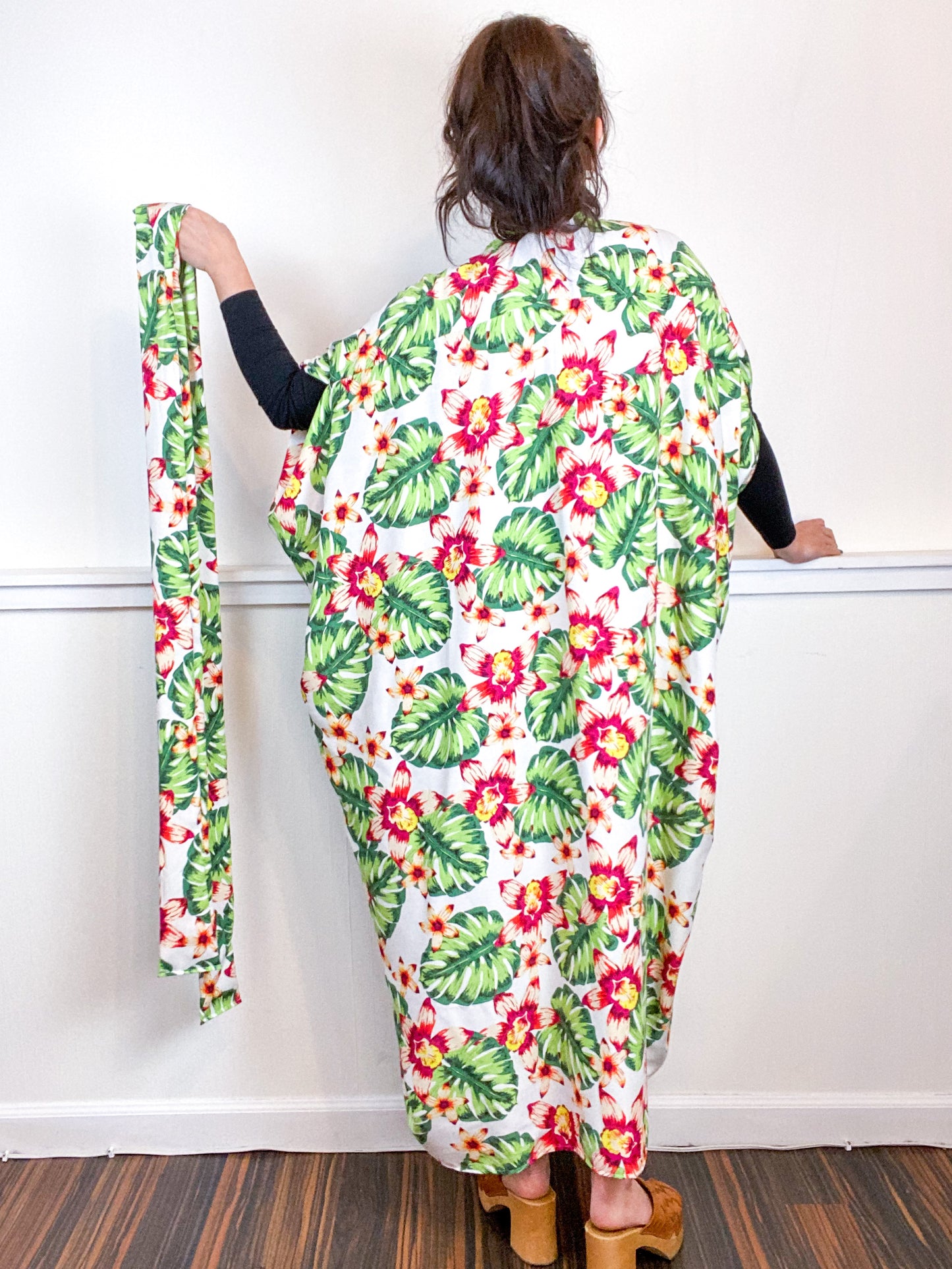 Print High Low Kimono White Tropical Rayon Challis