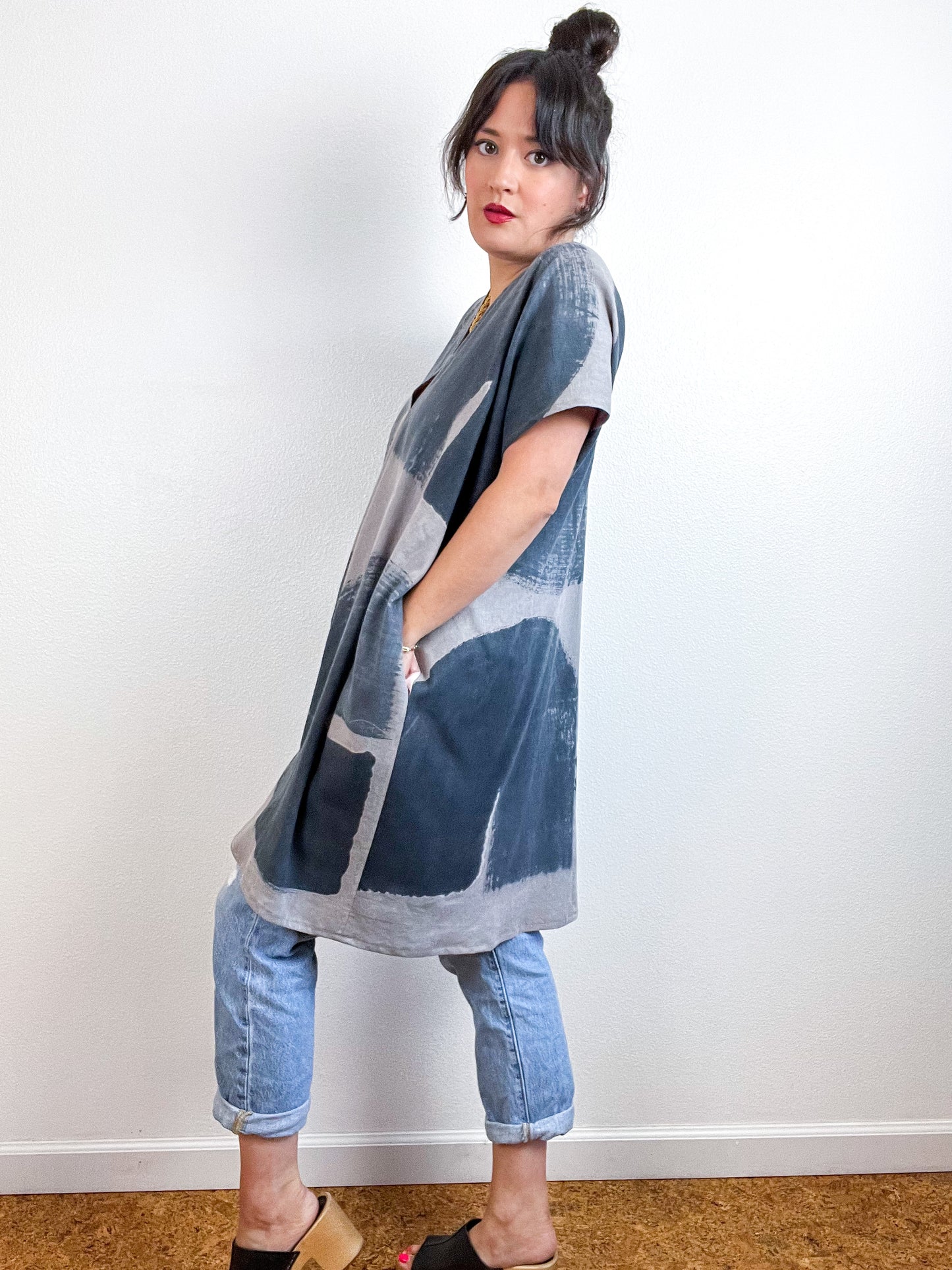 Hand-Dyed Mini Smock Dress Cocoa Graphite Brush