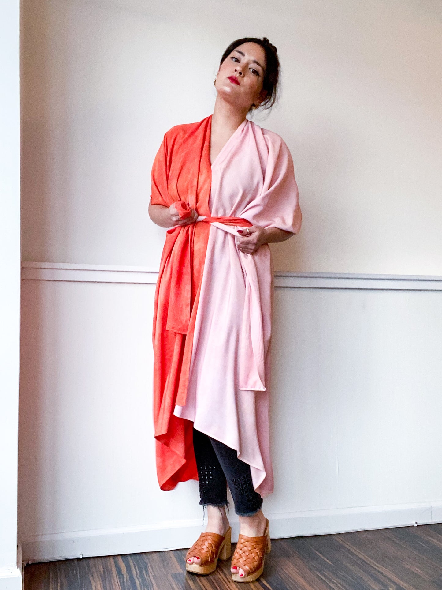Limited Edition Hand-Dyed High Low Kimono Two Tone Powder Pink Tangerine