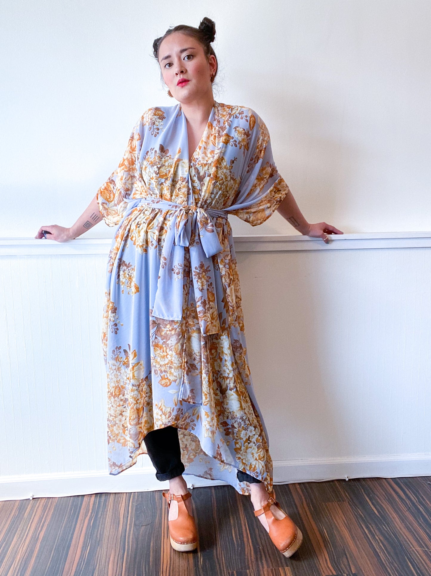 Print High Low Kimono Powder Blue and Amber Floral Chiffon