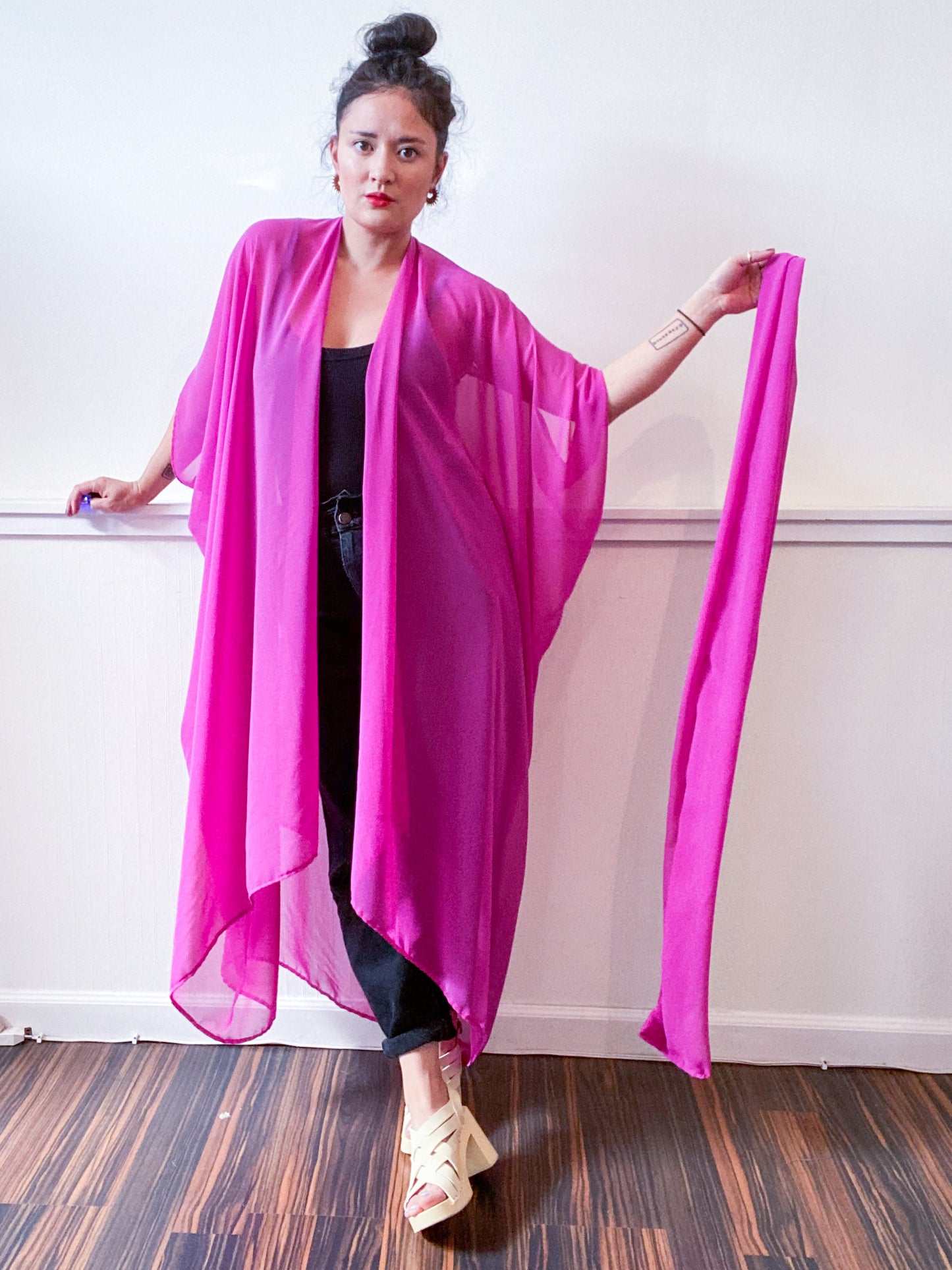 Solid High Low Kimono Magenta Chiffon