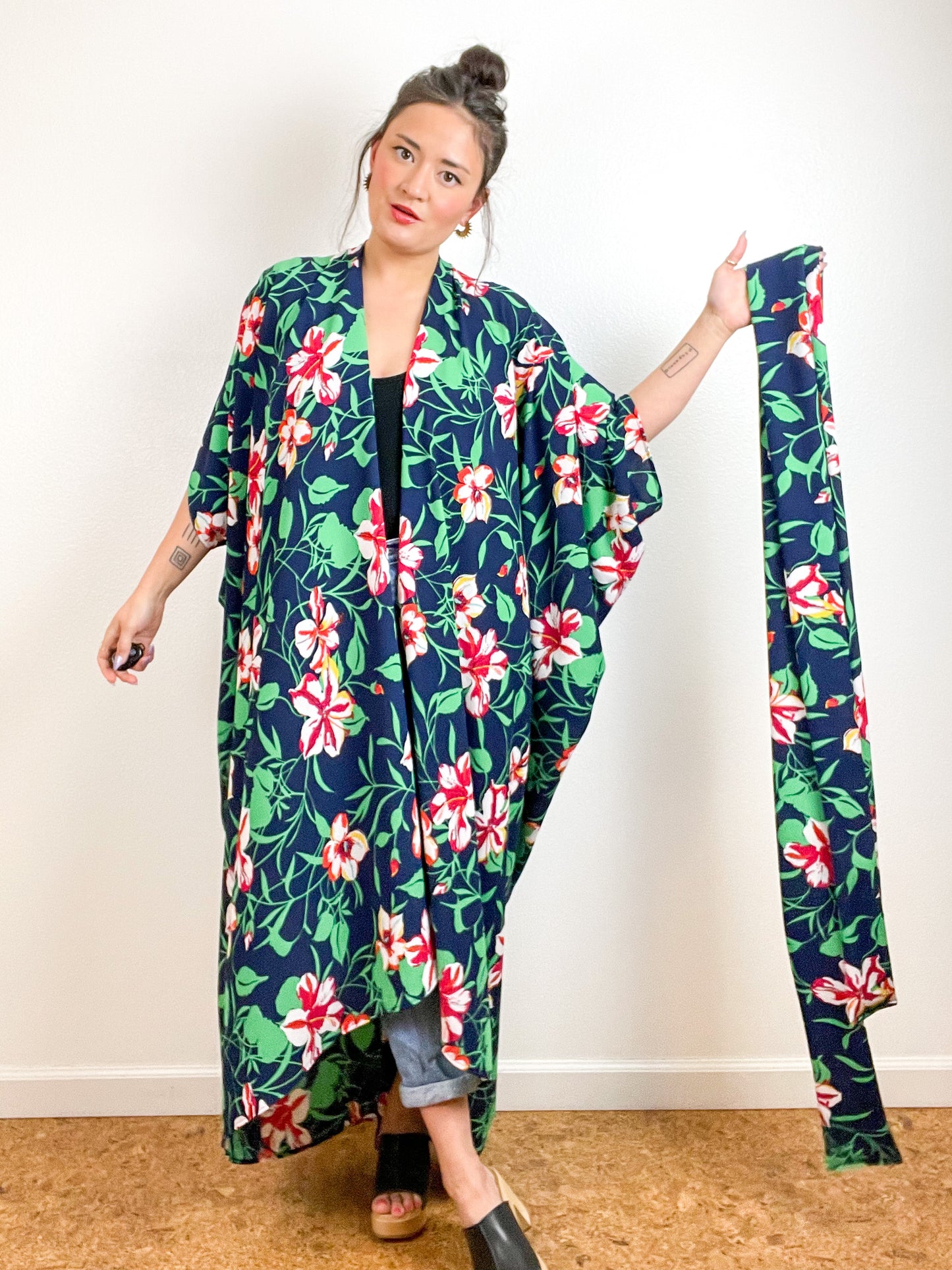 High Low Kimono Navy Hibiscus Bubble Crepe