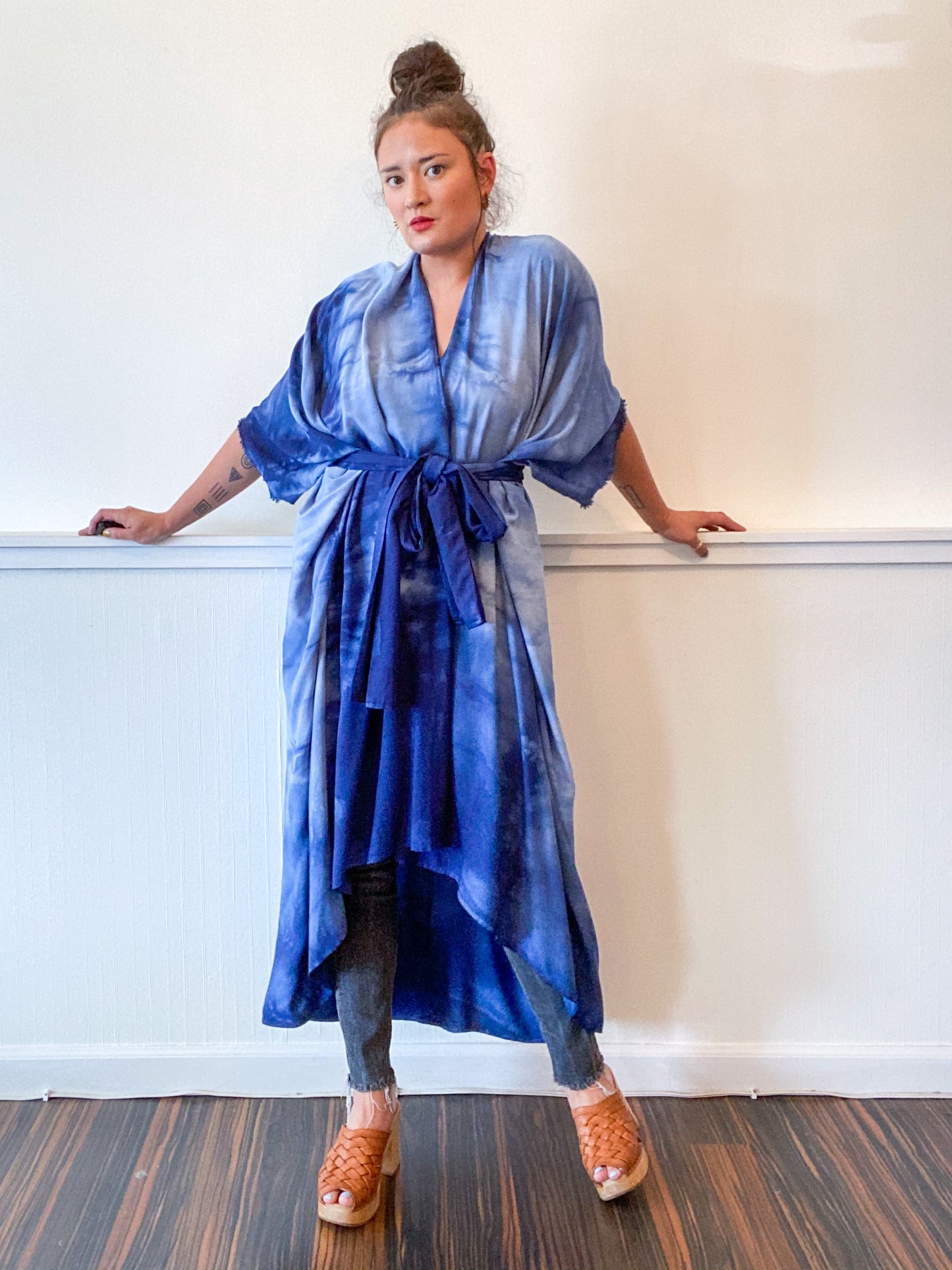 Hand-Dyed High Low Kimono Soft Blue Lines