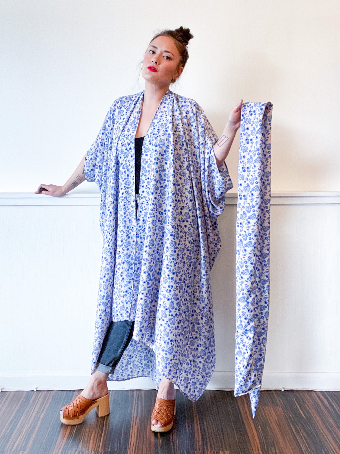 Print High Low Kimono Blue Ivory Mini Floral Crepe de Chine