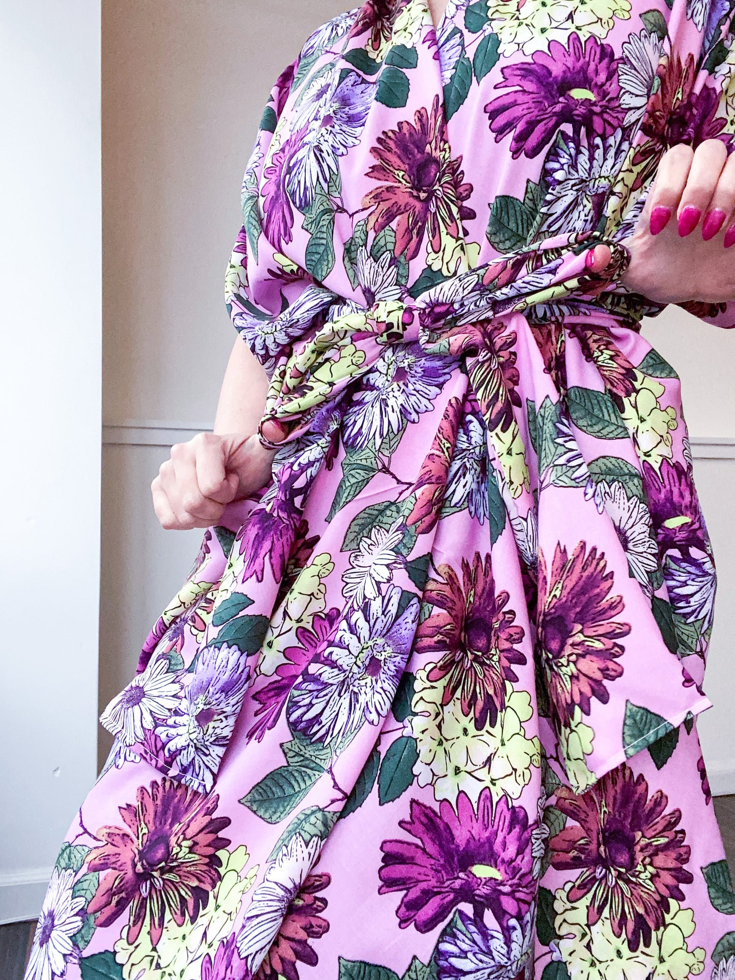 Print High Low Kimono Pink Daisy Floral