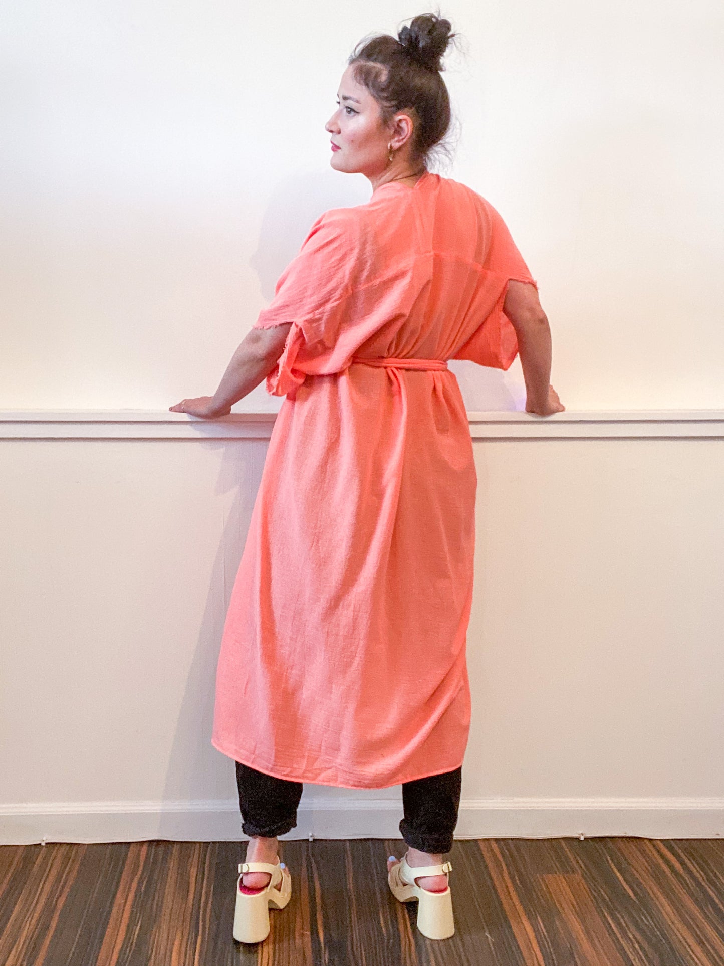 Solid High Low Kimono Peach Cotton Gauze