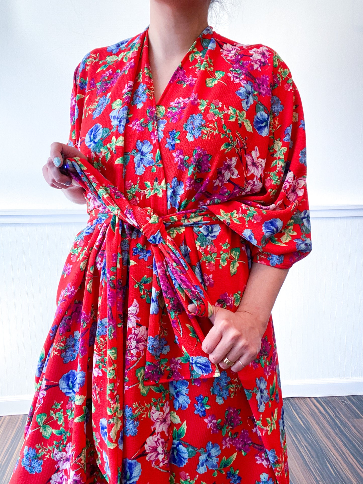 Print High Low Kimono Red Floral Bubble Crepe
