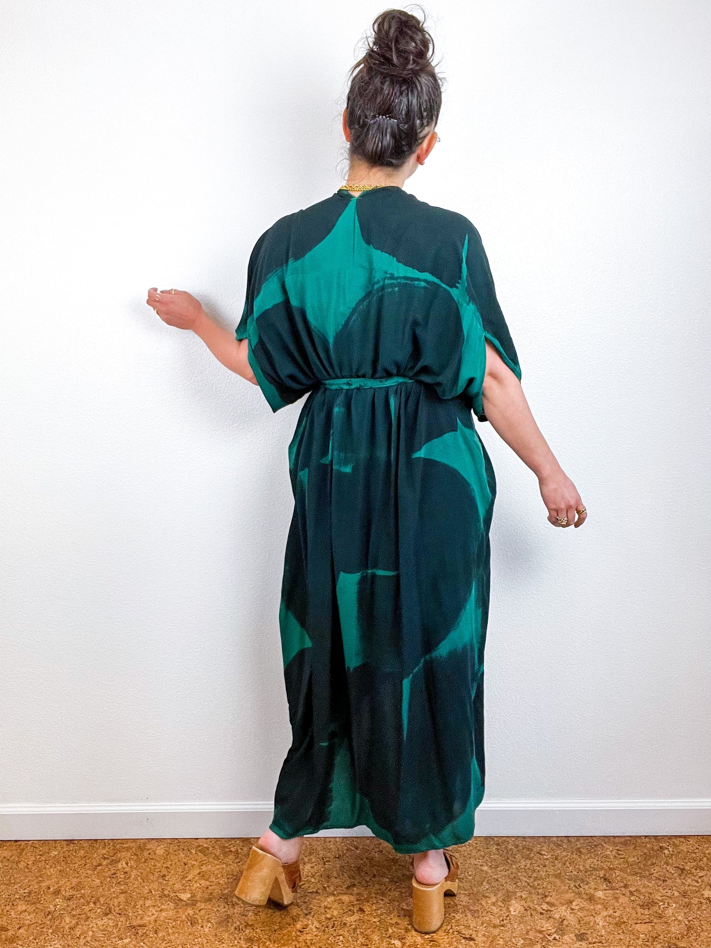 Hand-Dyed High Low Kimono Emerald Black Brushstroke