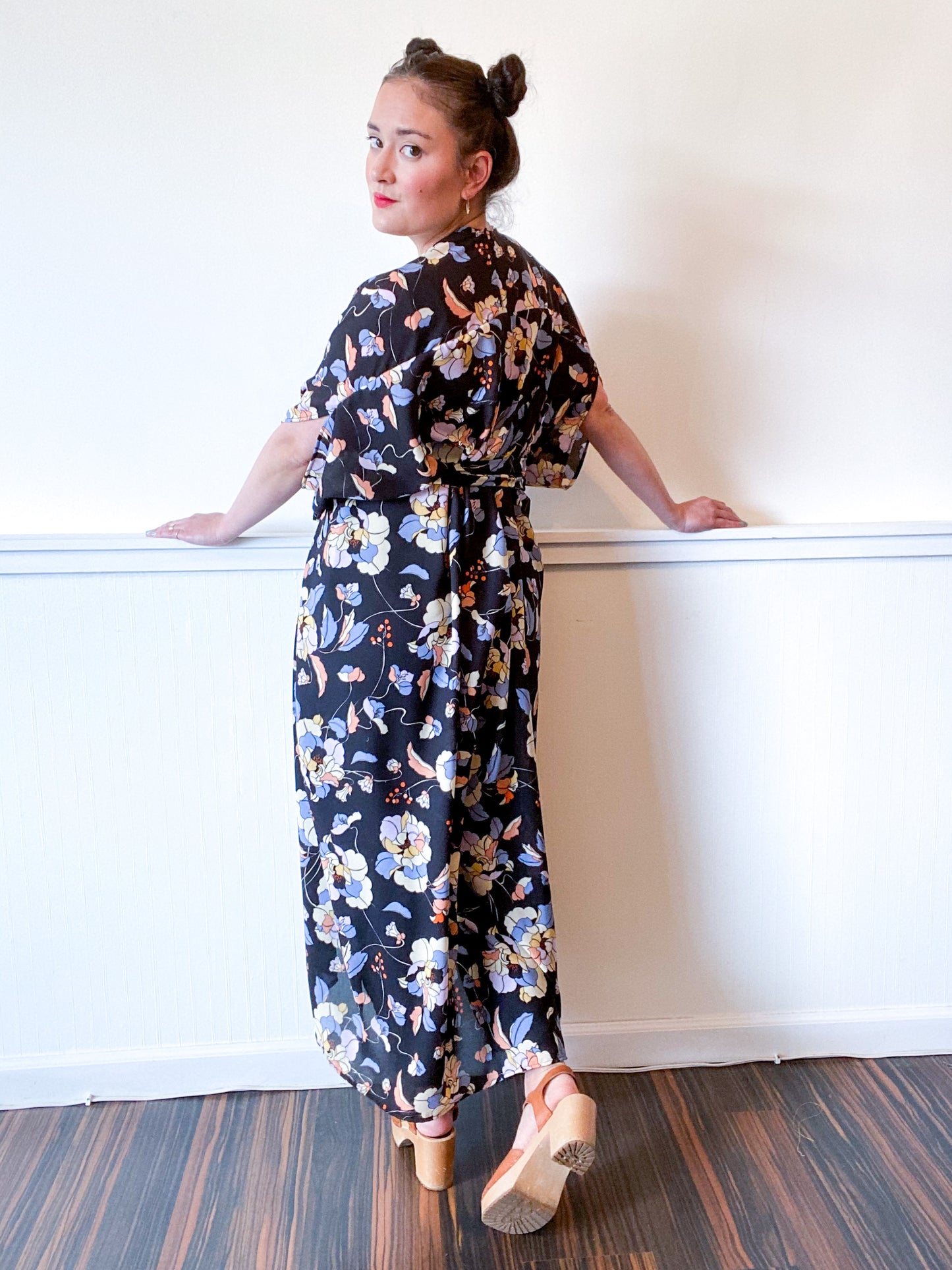 Print High Low Kimono Black Floral Georgette