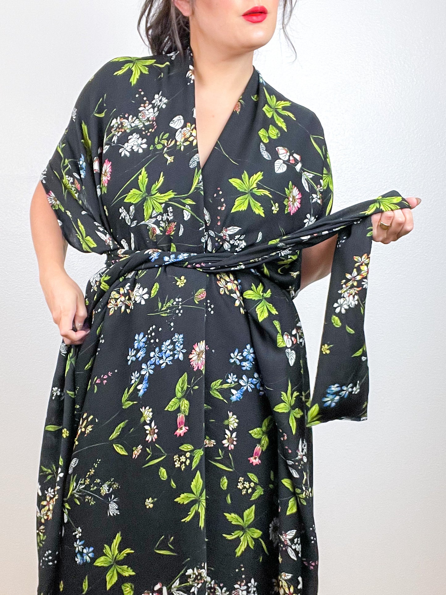 Print High Low Kimono Black Wildflower Crinkle Gauze