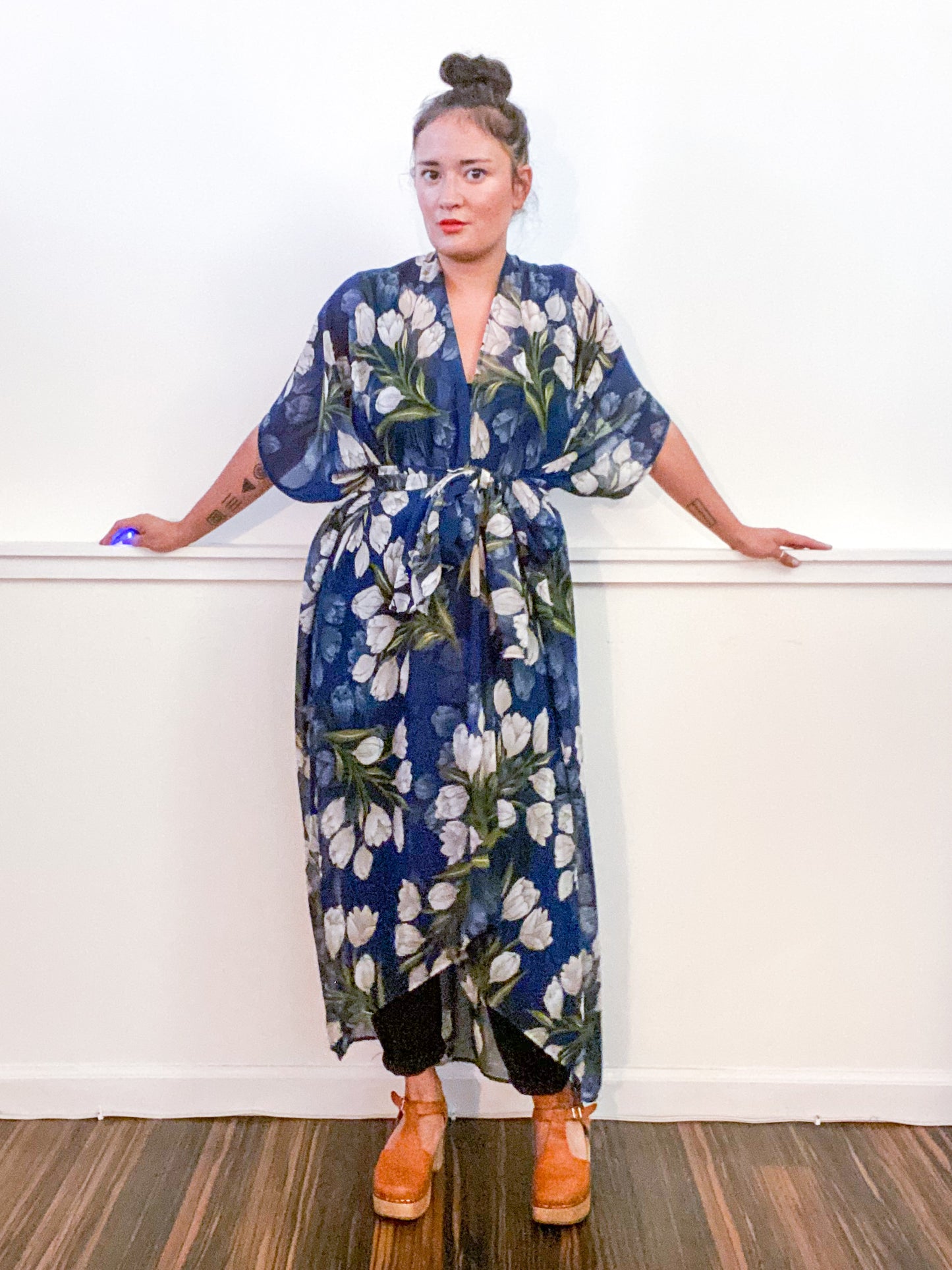 Print High Low Kimono Navy Tulips Chiffon