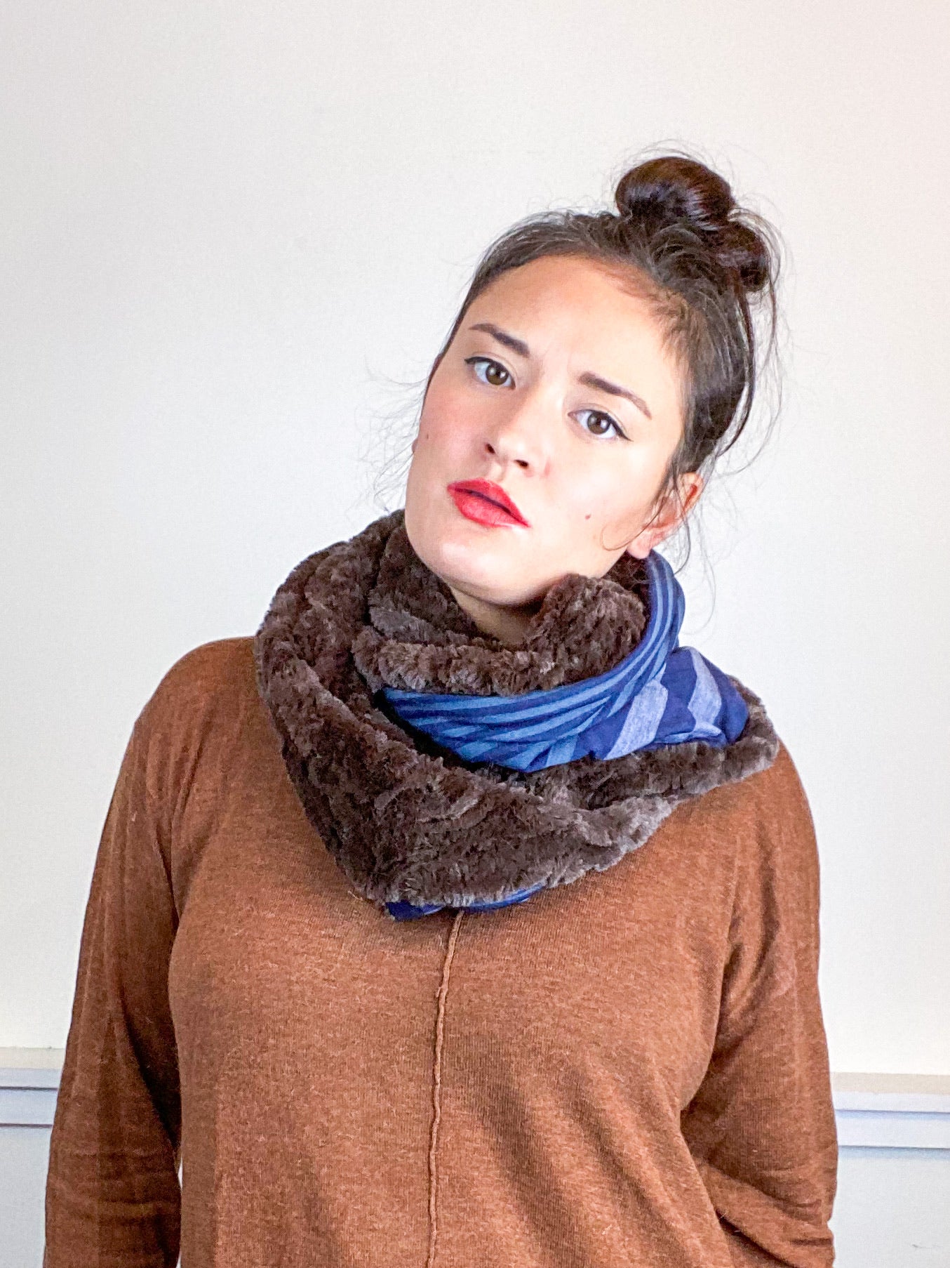 Faux Fur Circle Scarf Brown on Navy Stripes