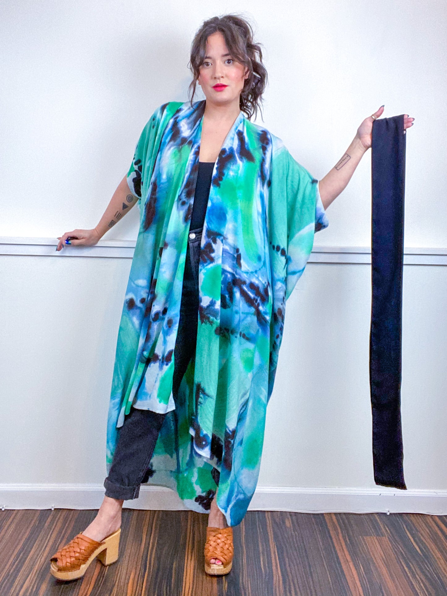 OOAK Hand-Dyed High Low Kimono Green Blue Watercolor Brushstroke