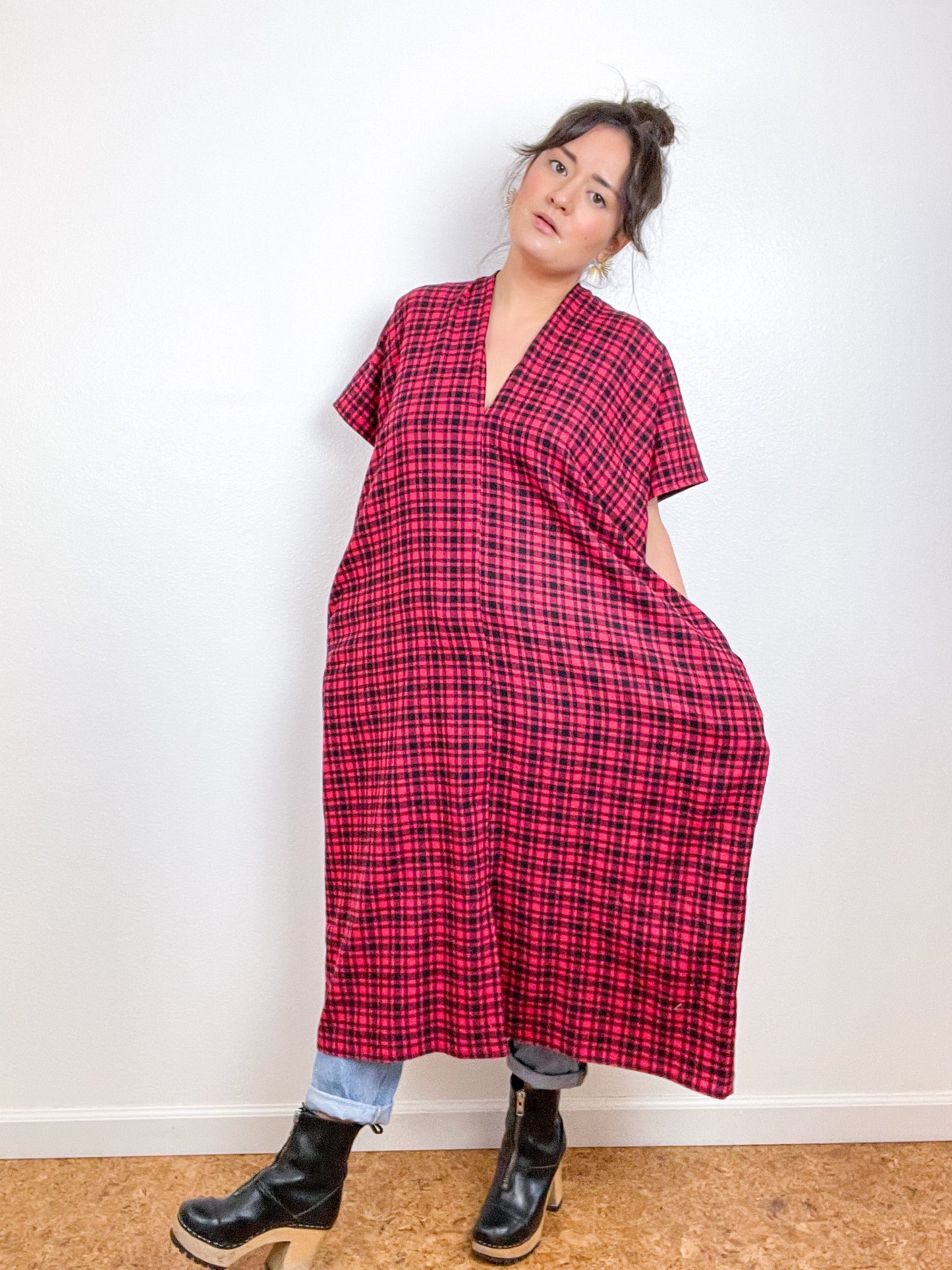 Plaid Flannel Smock Dress Red Black