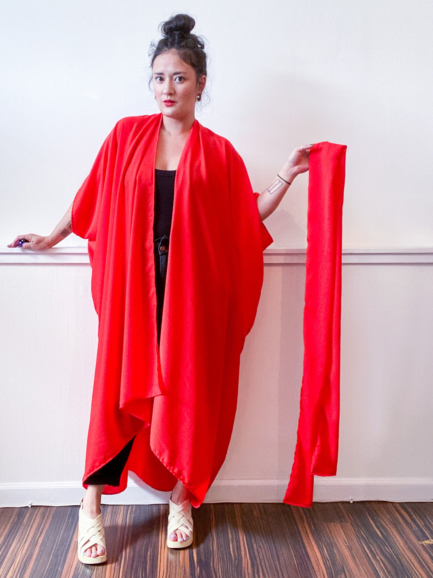 Solid High Low Kimono Scarlet Crepe de Chine