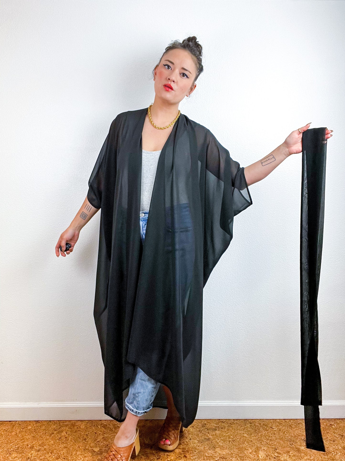 Solid High Low Kimono Black Chiffon