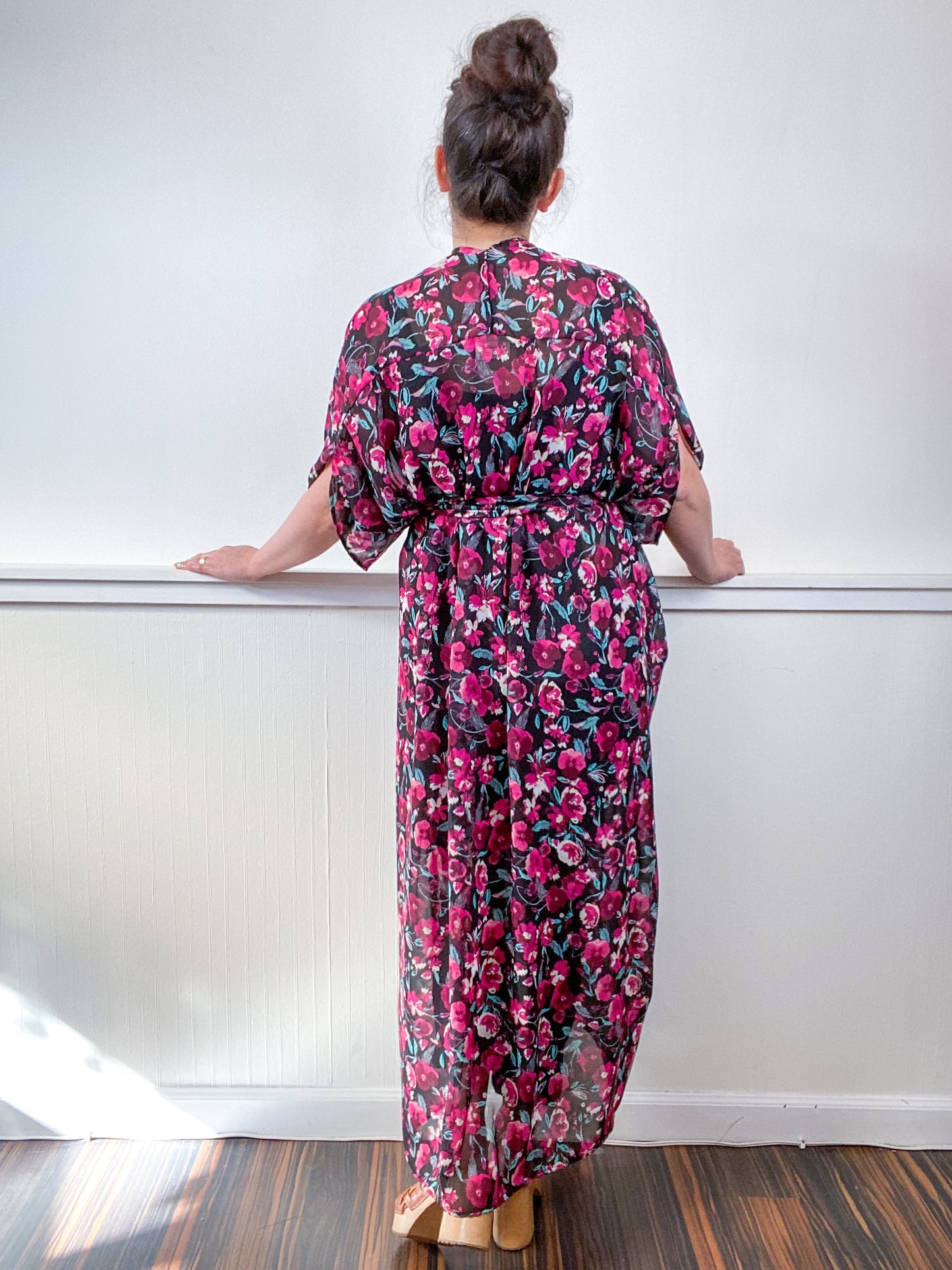 Print High Low Kimono Fuchsia Black Floral Chiffon