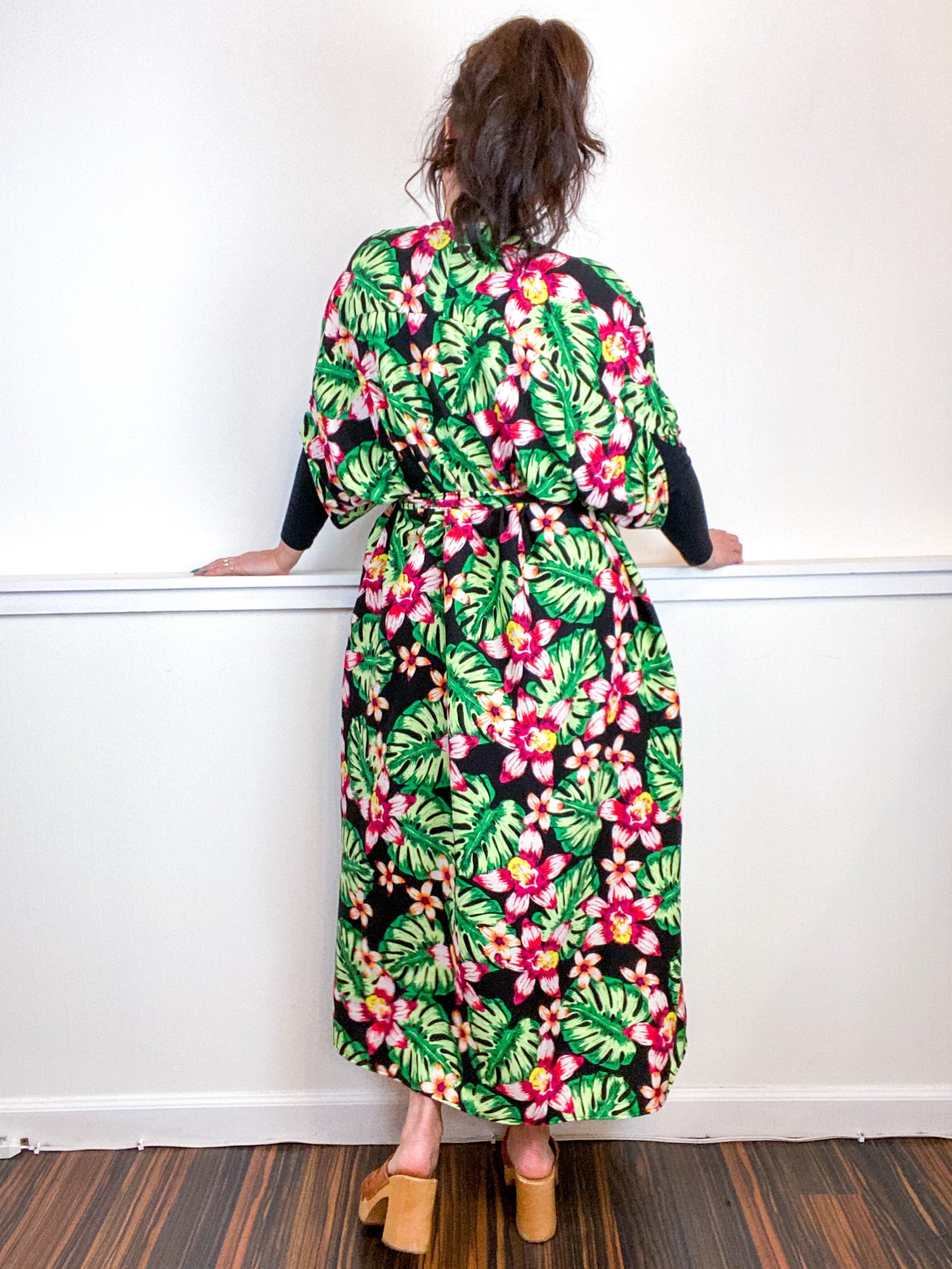 Print High Low Kimono Black Tropical Rayon Challis