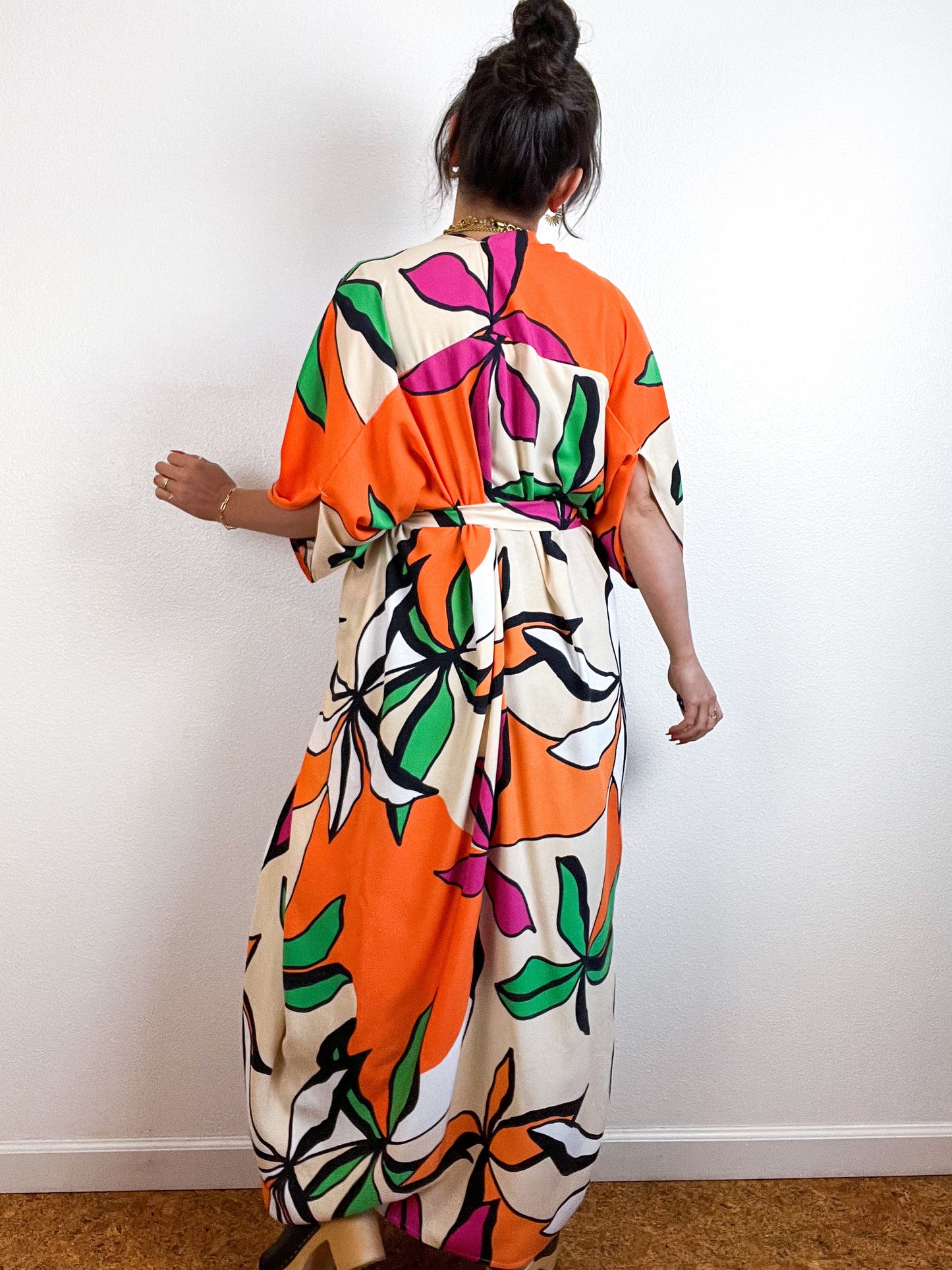 Print High Low Kimono Orange Ecru Abstract Floral Challis