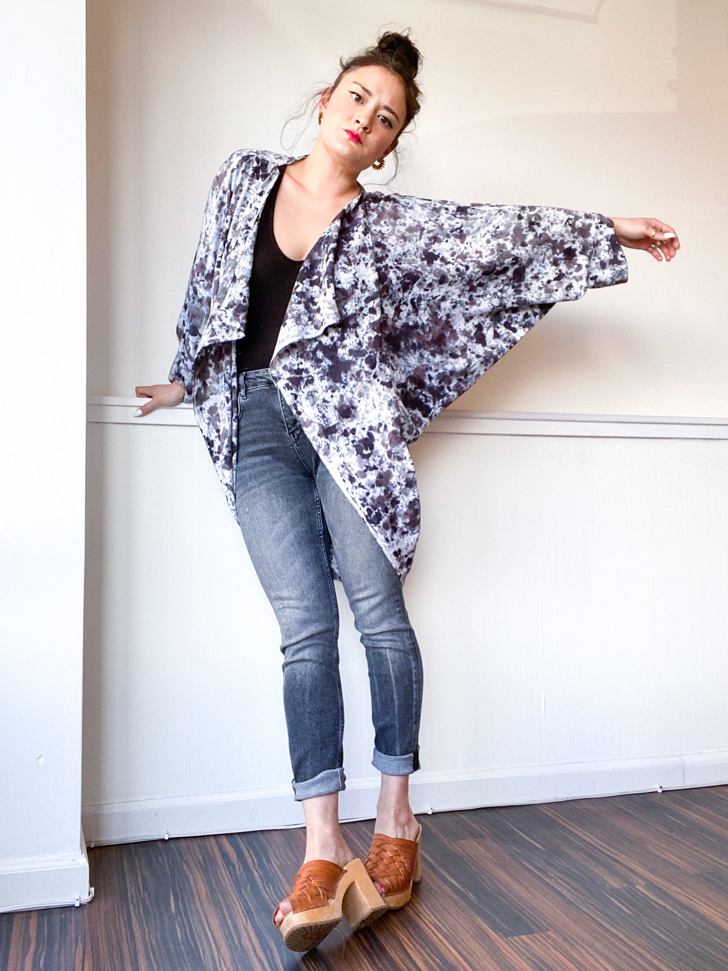 Hand-Dyed Waterfall Kimono Speckle Black Grey