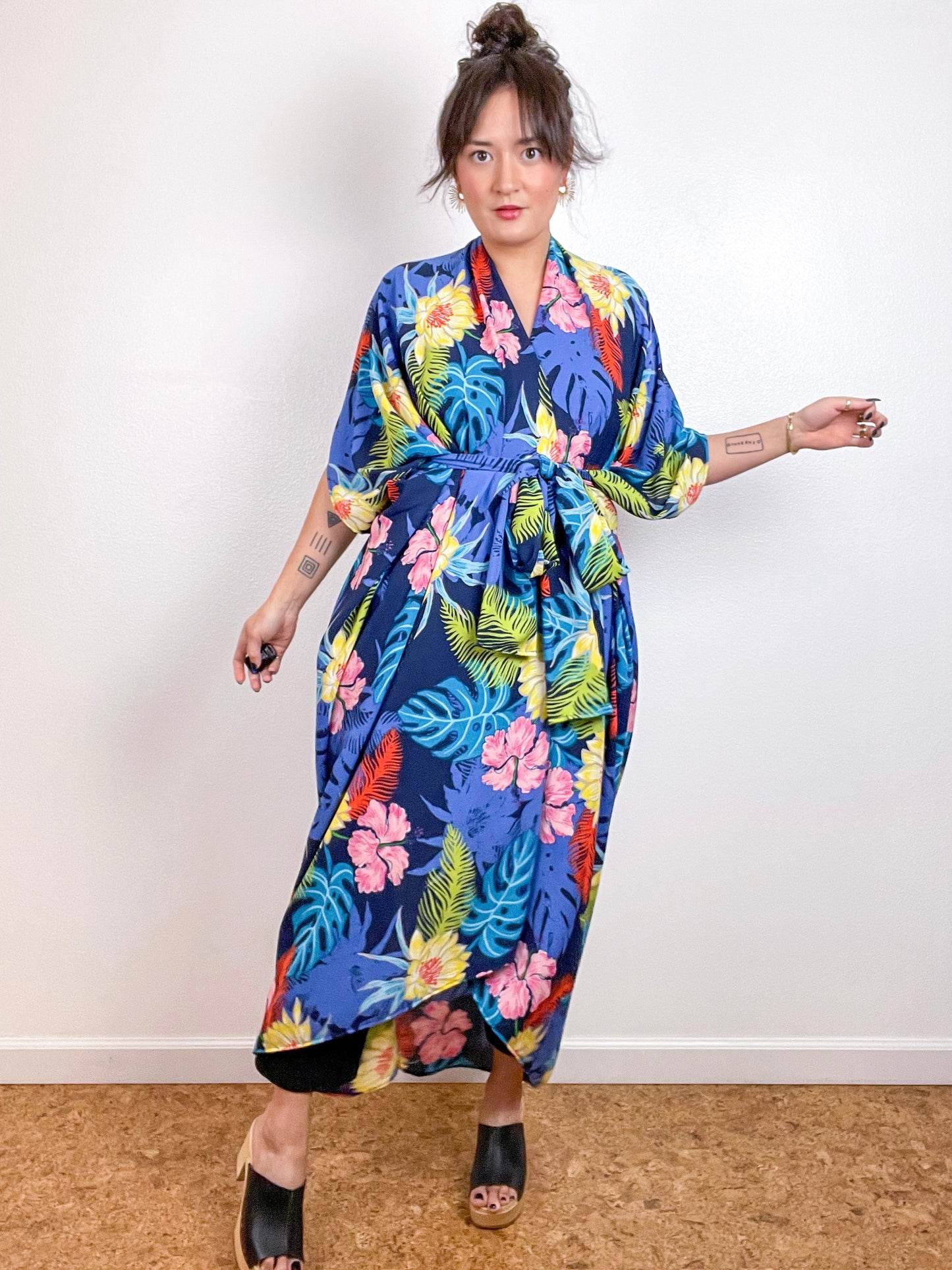 Print High Low Kimono Blue Tropical Crepe