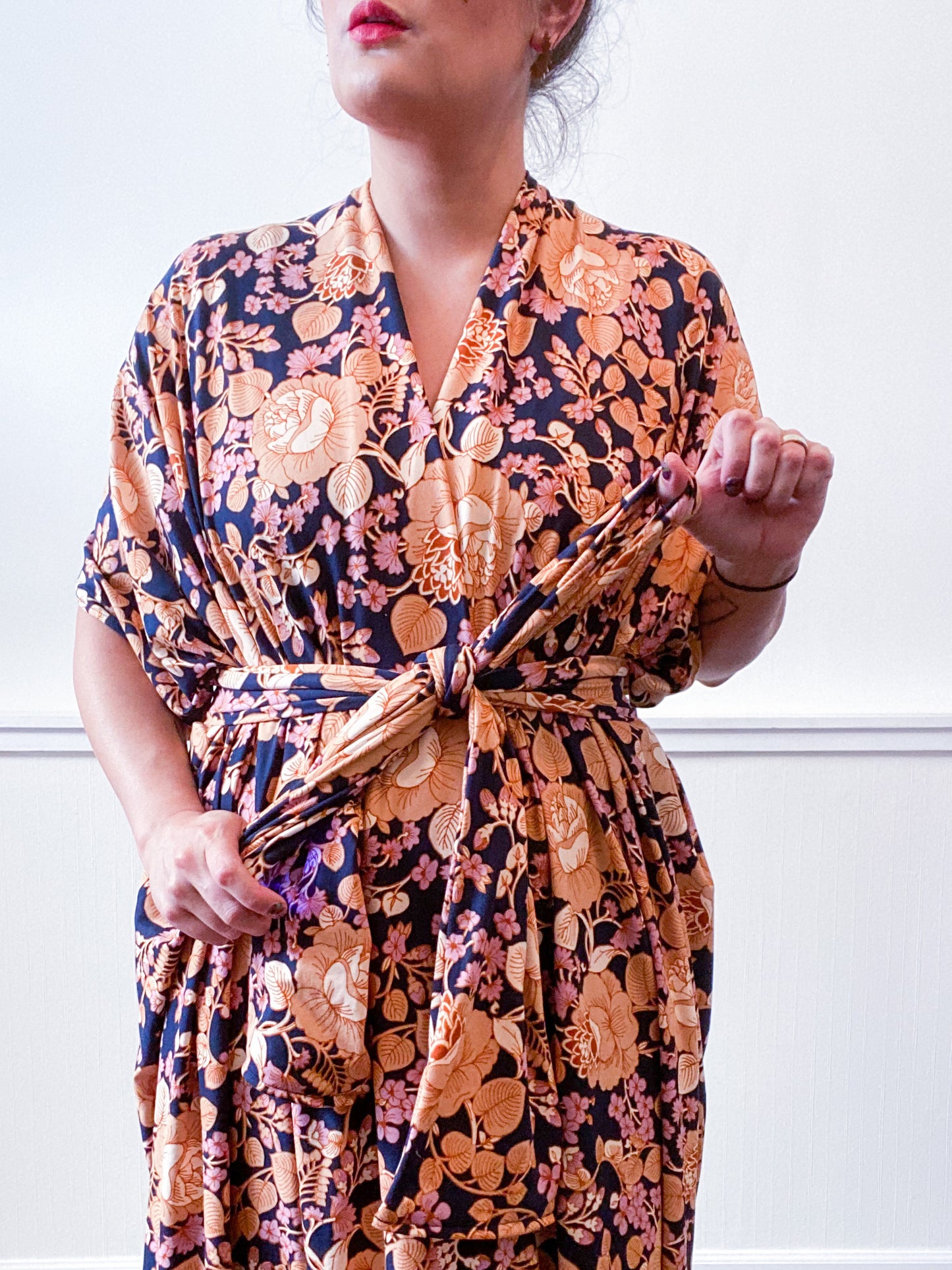 Print High Low Kimono Navy Amber Peony Knit