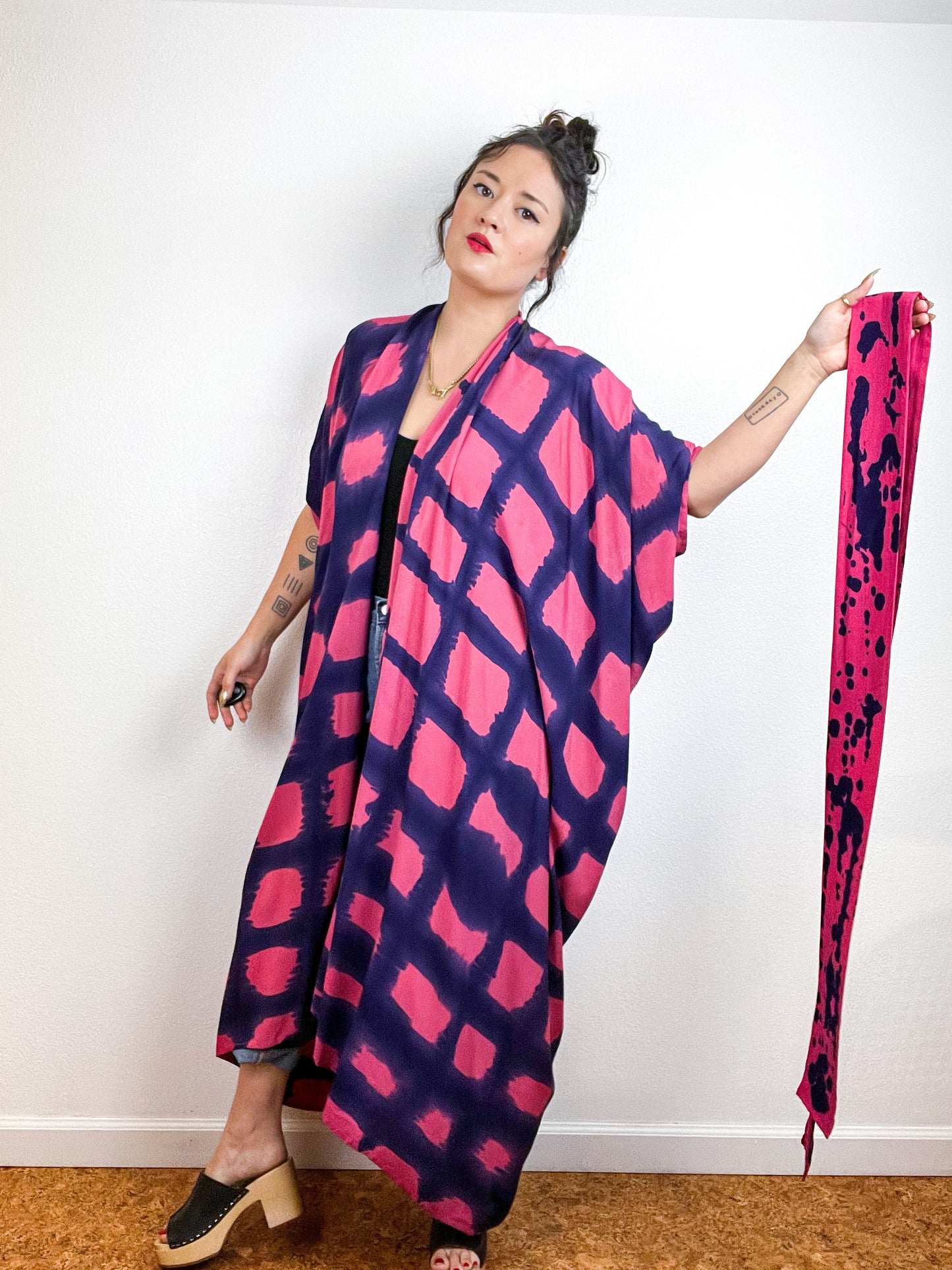 Hand-Dyed High Low Kimono Coral Navy Windowpane