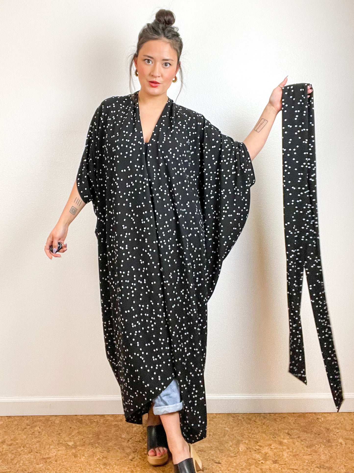 High Low Kimono Black White Dots Bubble Crepe