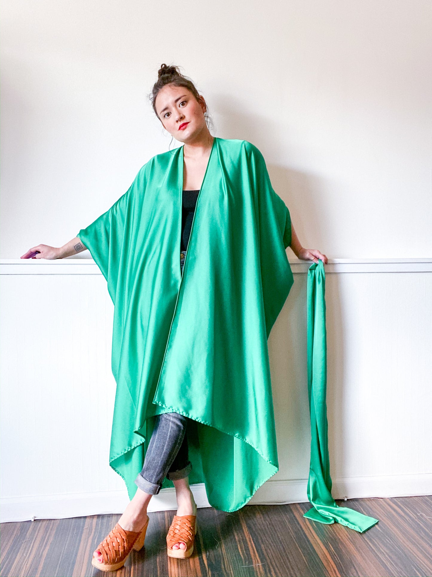 Print High Low Kimono Green Charmeuse