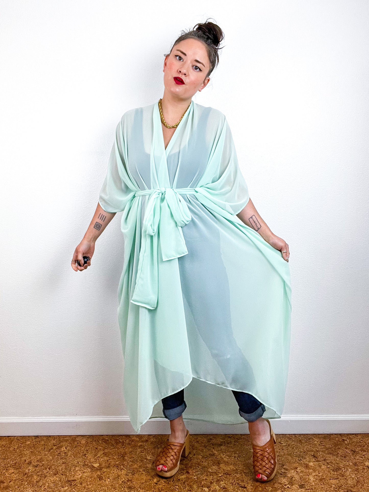 Solid High Low Kimono Mint Chiffon