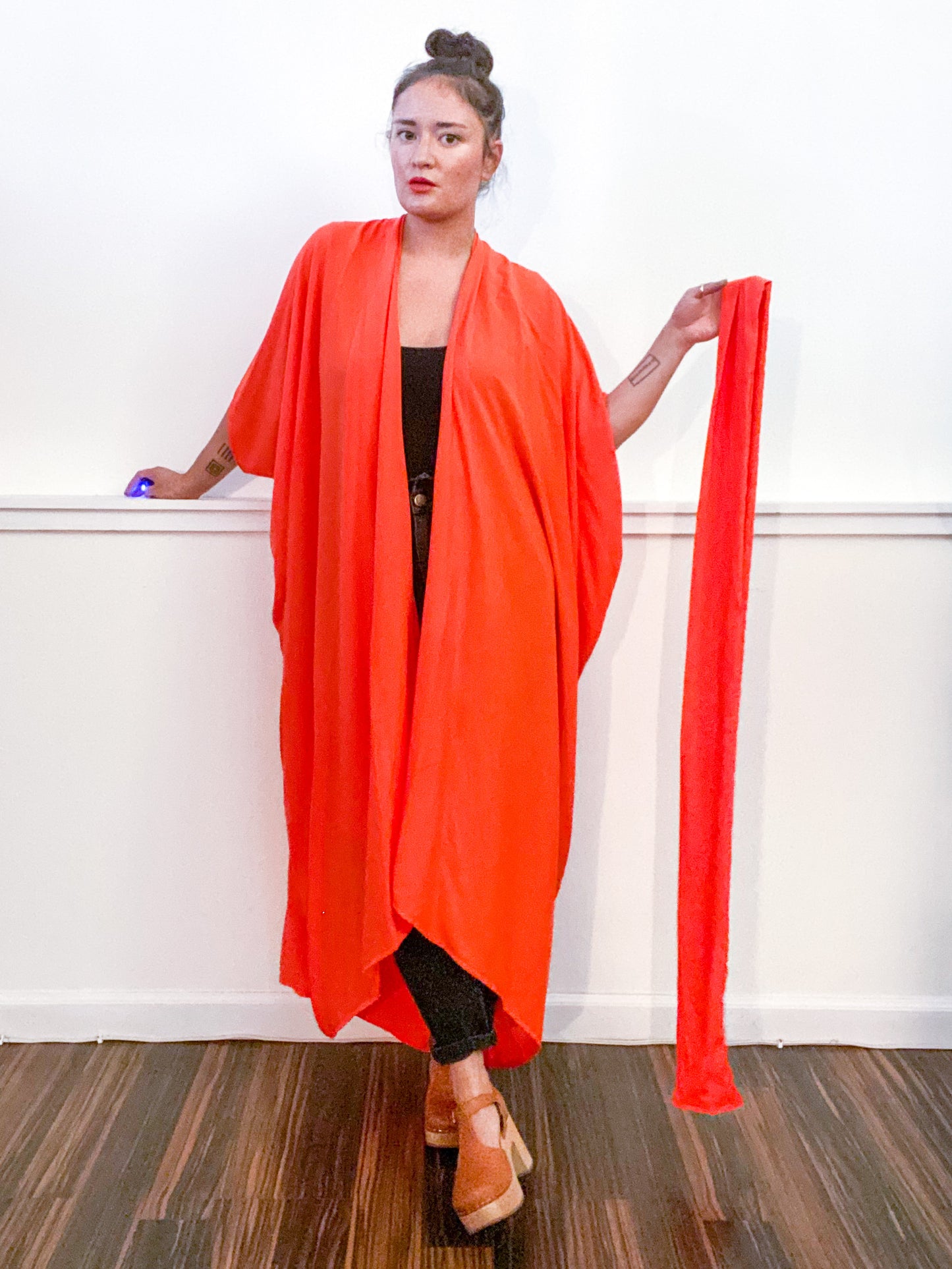 Solid High Low Kimono Tangerine Rayon Challis