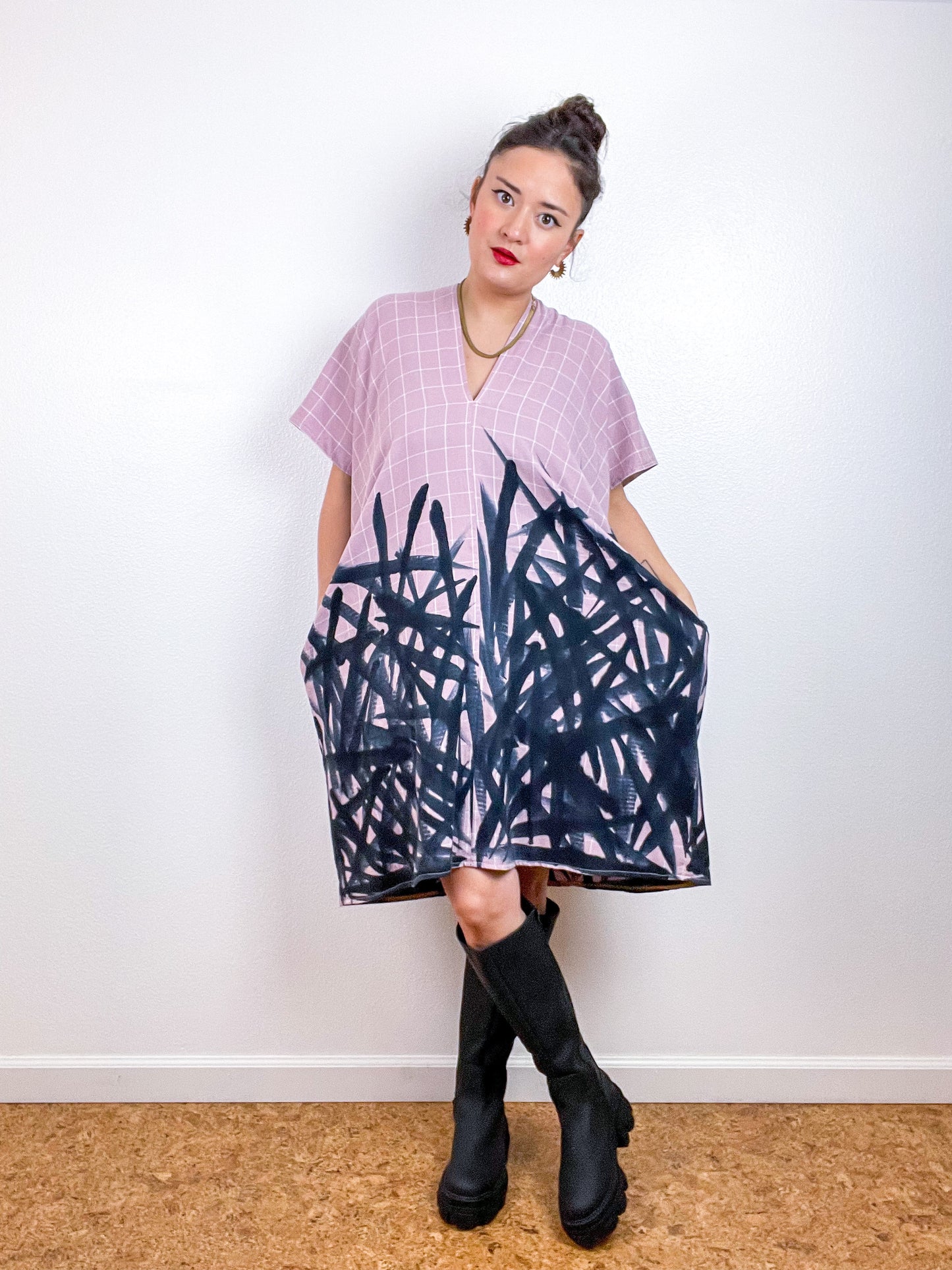 Disrupted Plaid Rayon Smock Dress Orchid X