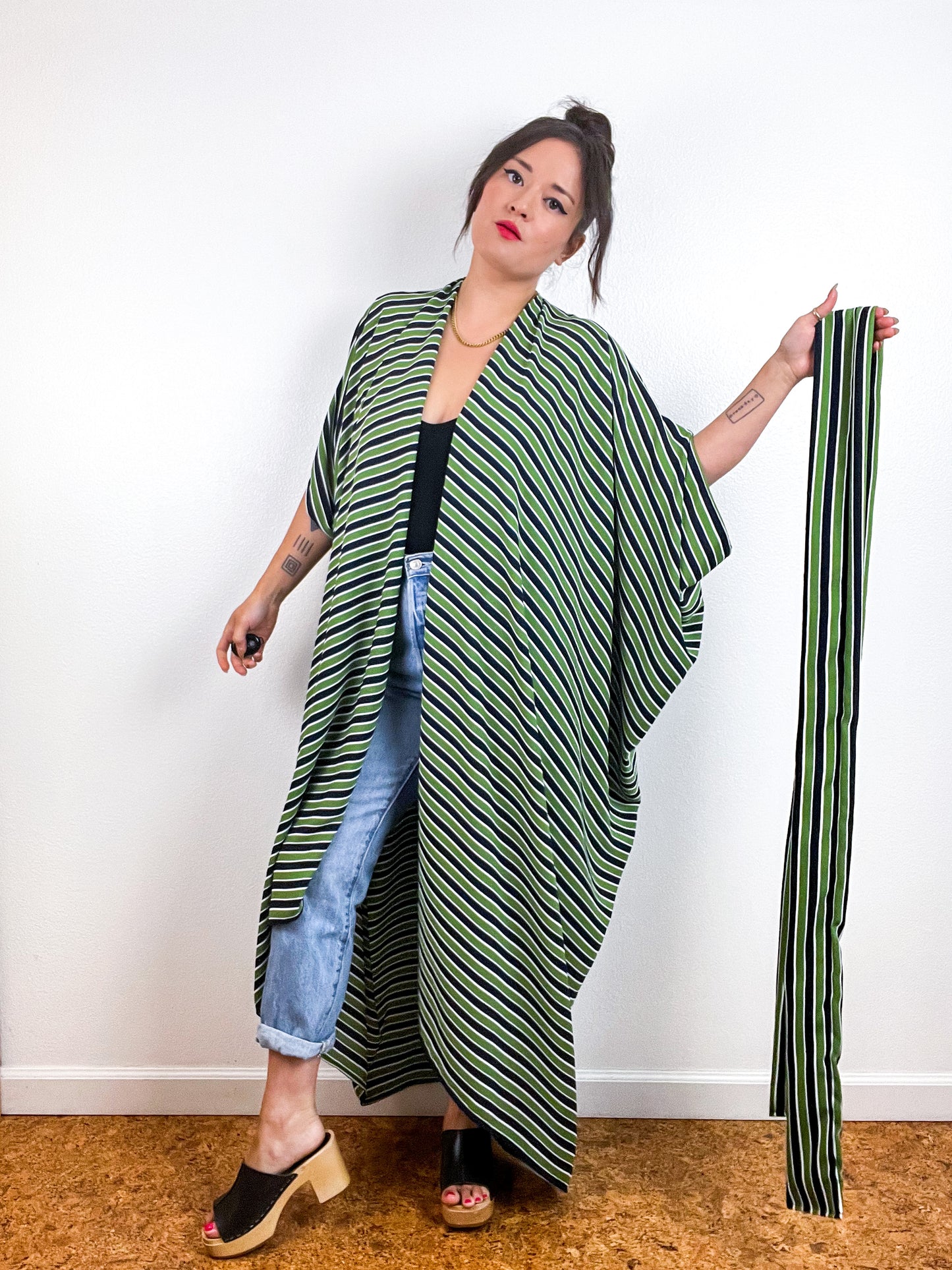 Print High Low Kimono Navy Green Stripe Double Crepe