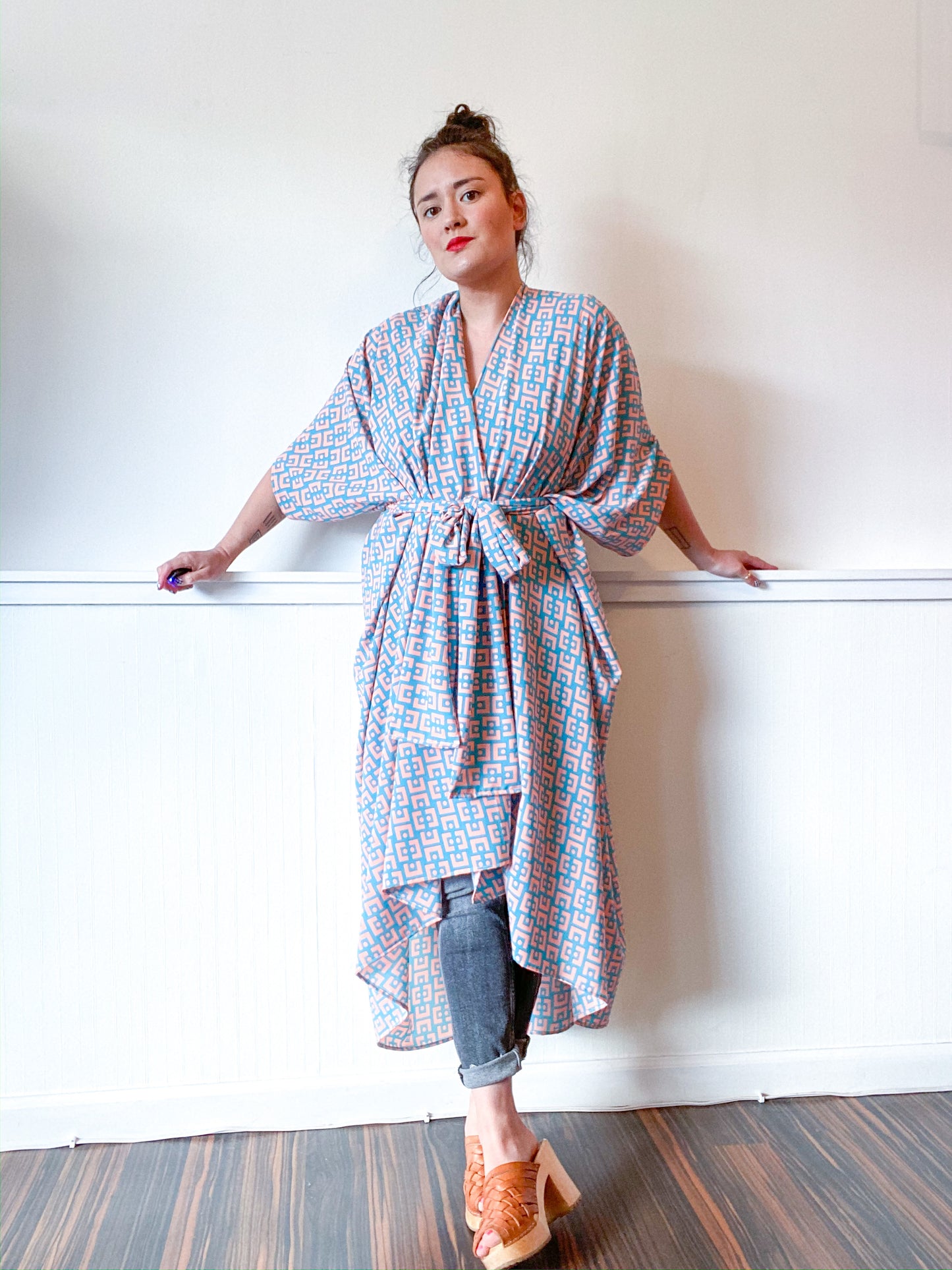 Print High Low Kimono Turquoise Pink Mid Century Mod Slinky