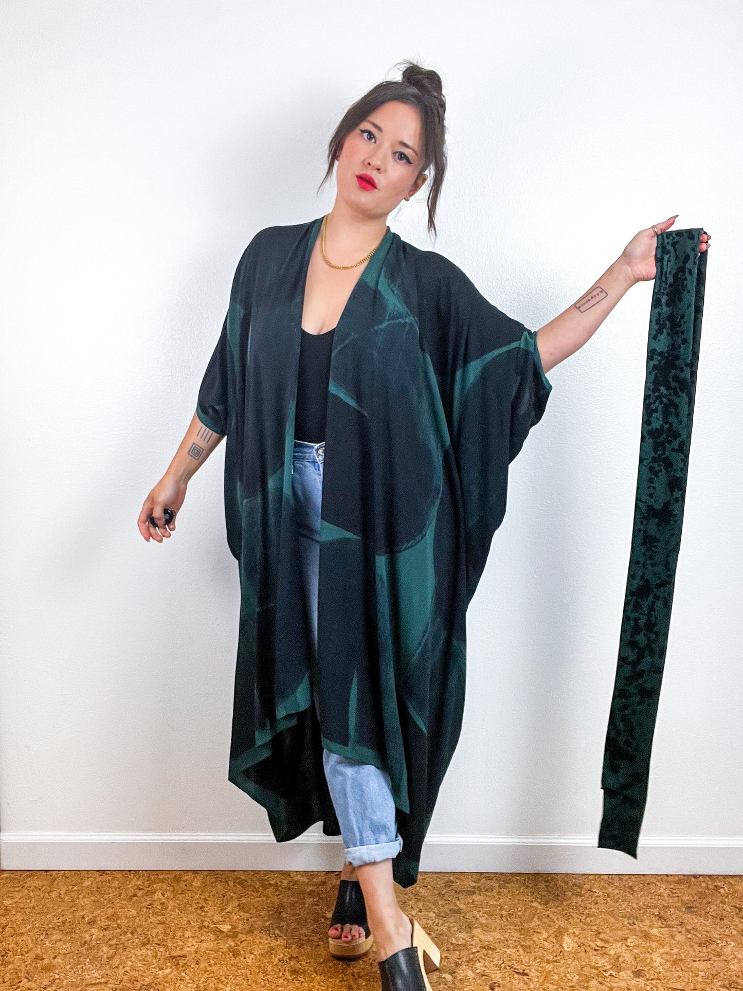 Hand-Dyed High Low Kimono Forest Black Arc