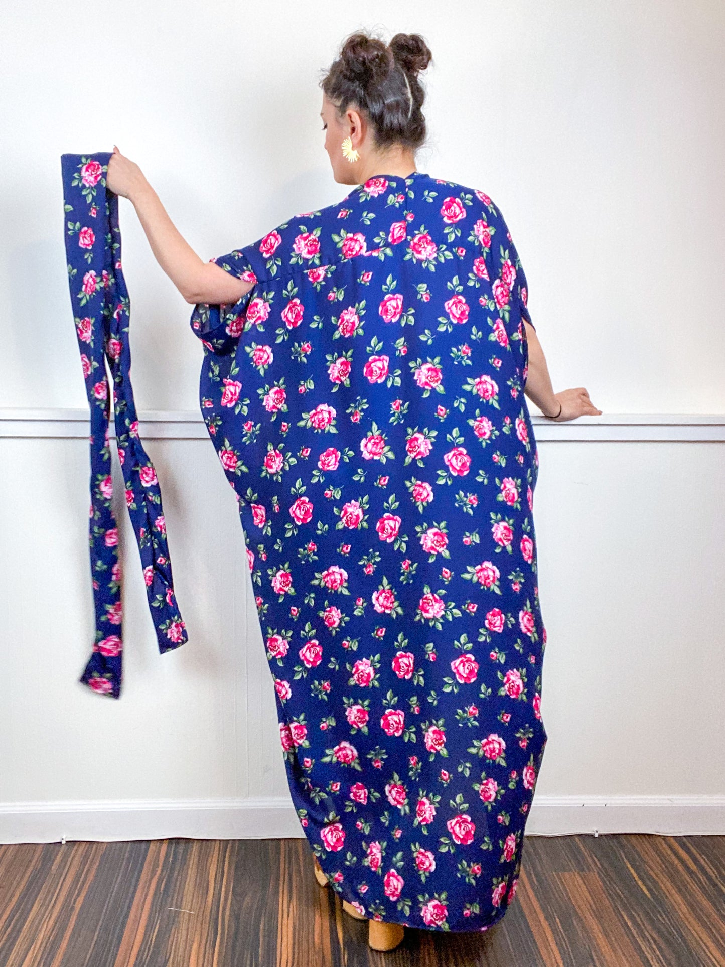 Print High Low Kimono Navy Pink Rose Satin