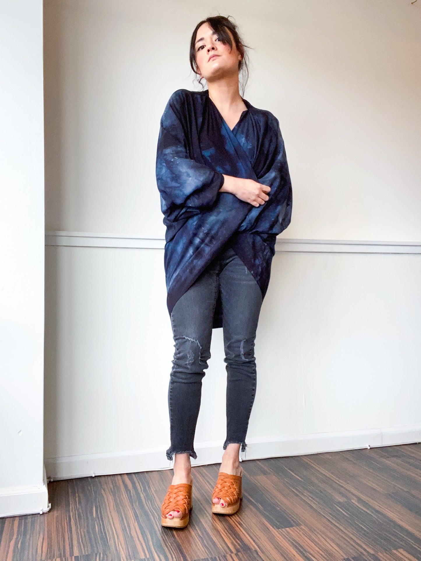 Hand-Dyed Waterfall Kimono Soft Black Lines