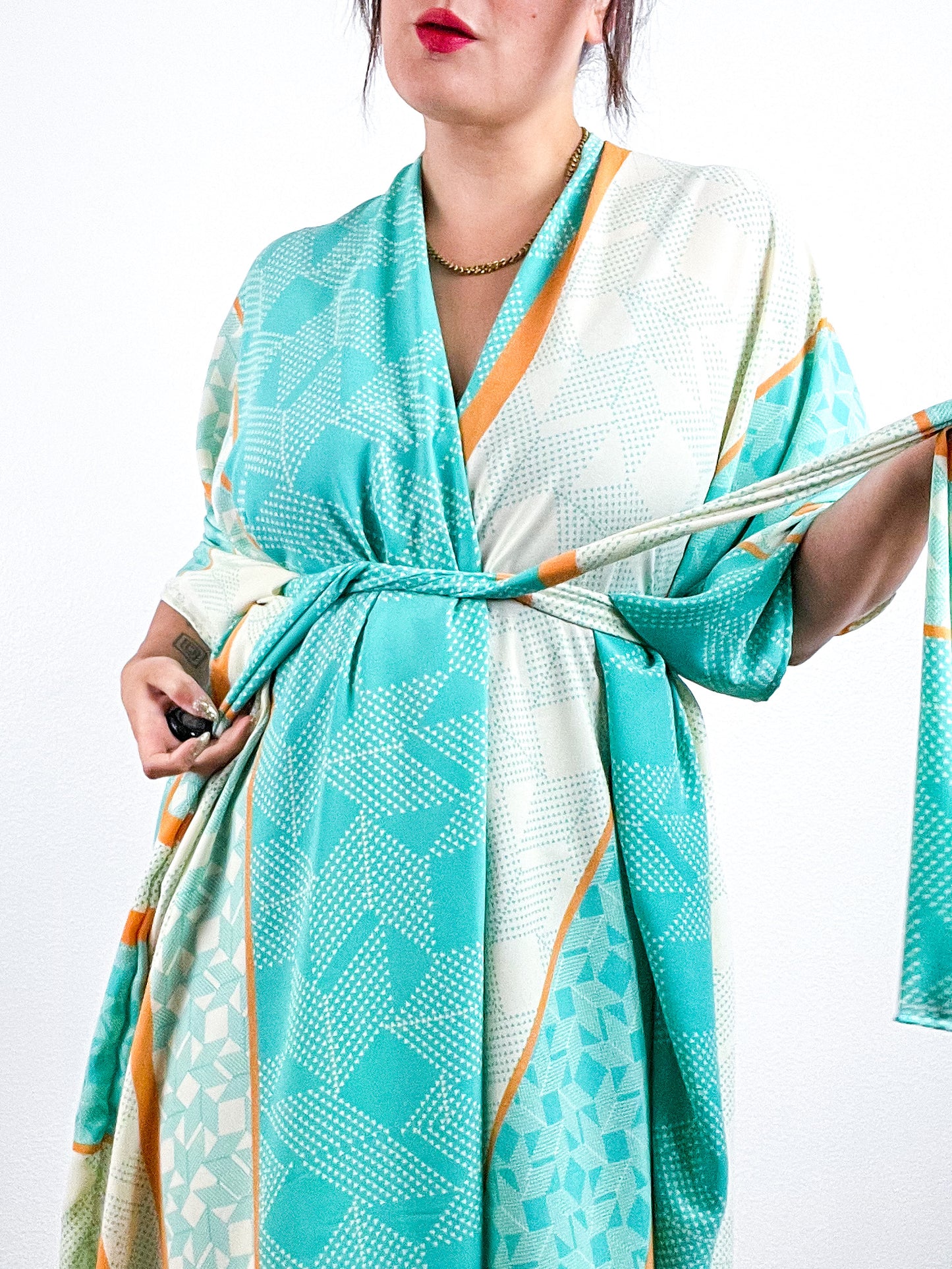 Print High Low Kimono Seafoam Orange Triangles Georgette