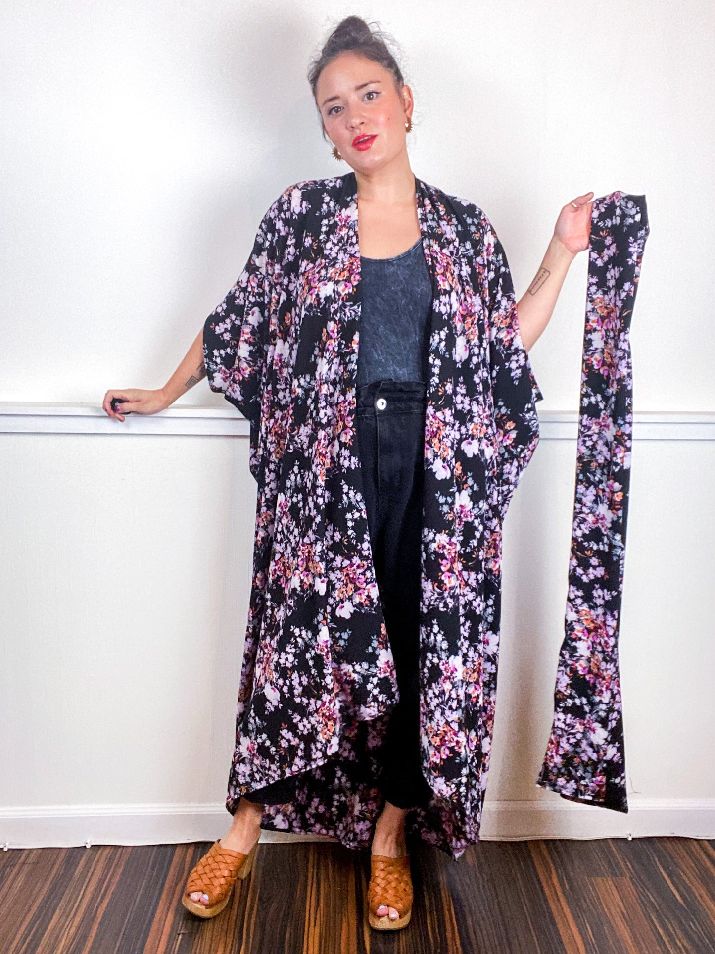 Print High Low Kimono Black Purple Wildflower Bubble Crepe