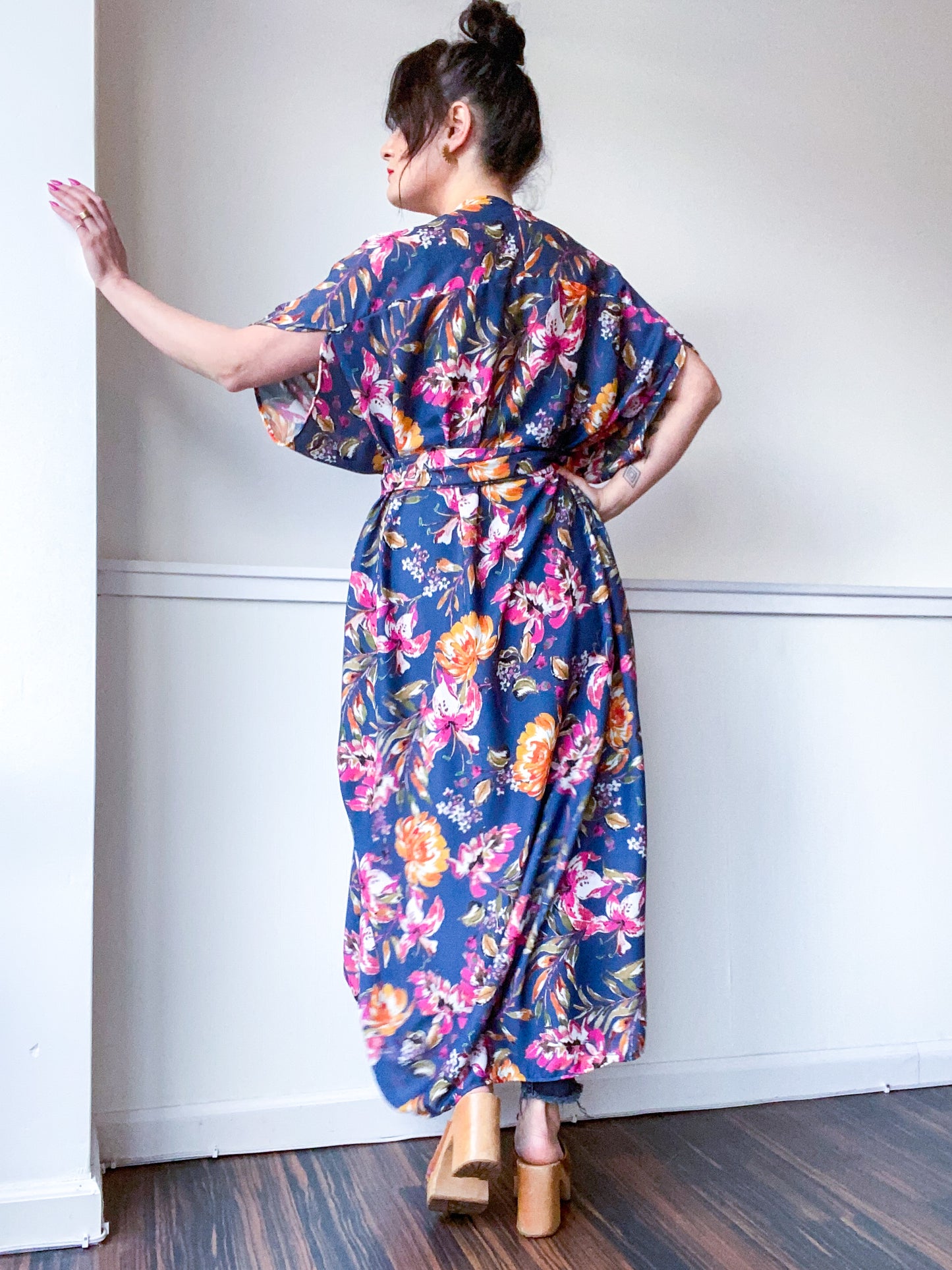 Print High Low Kimono Painterly Floral