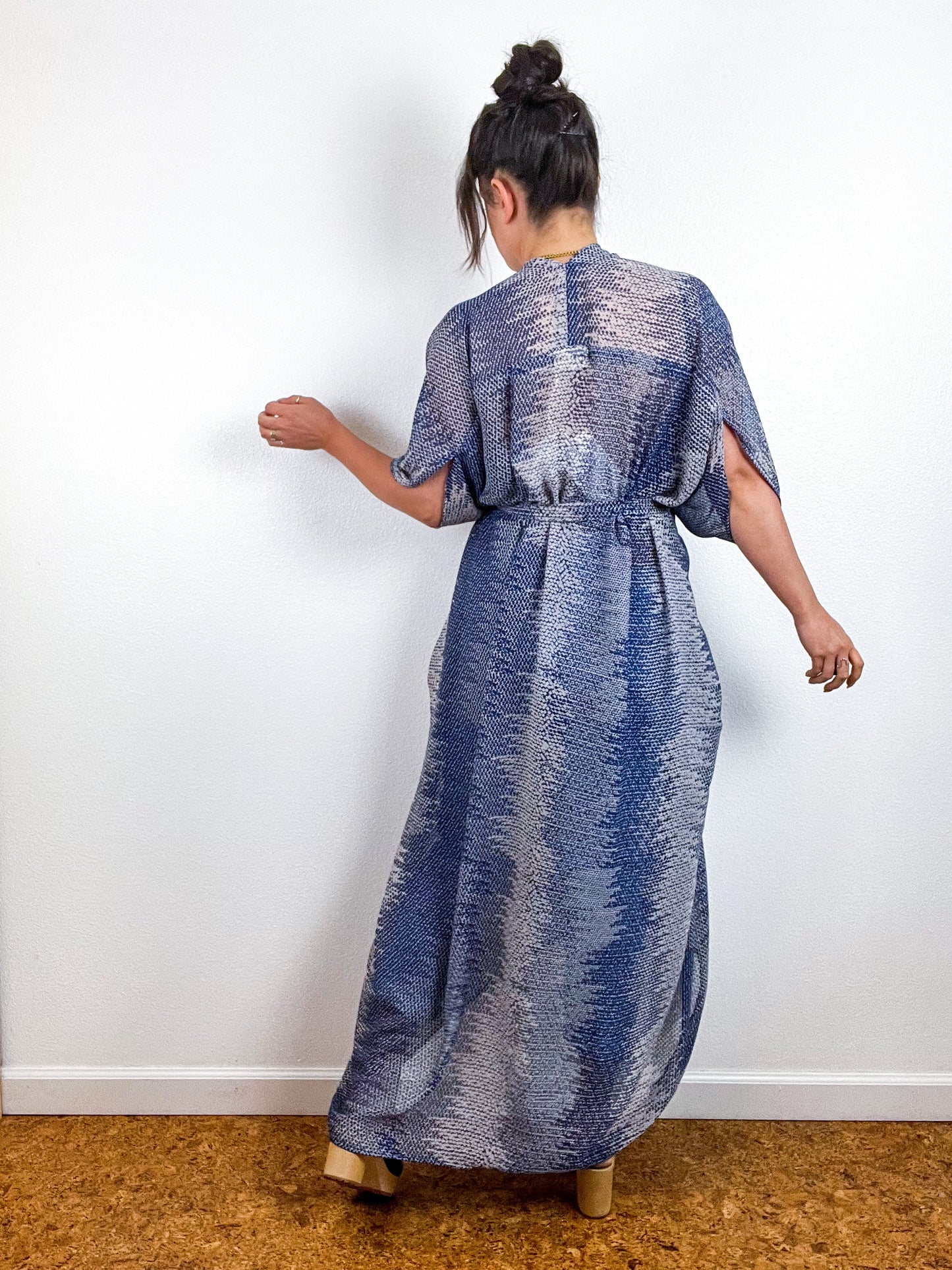 Print High Low Kimono Blue Waves Crinkle Chiffon