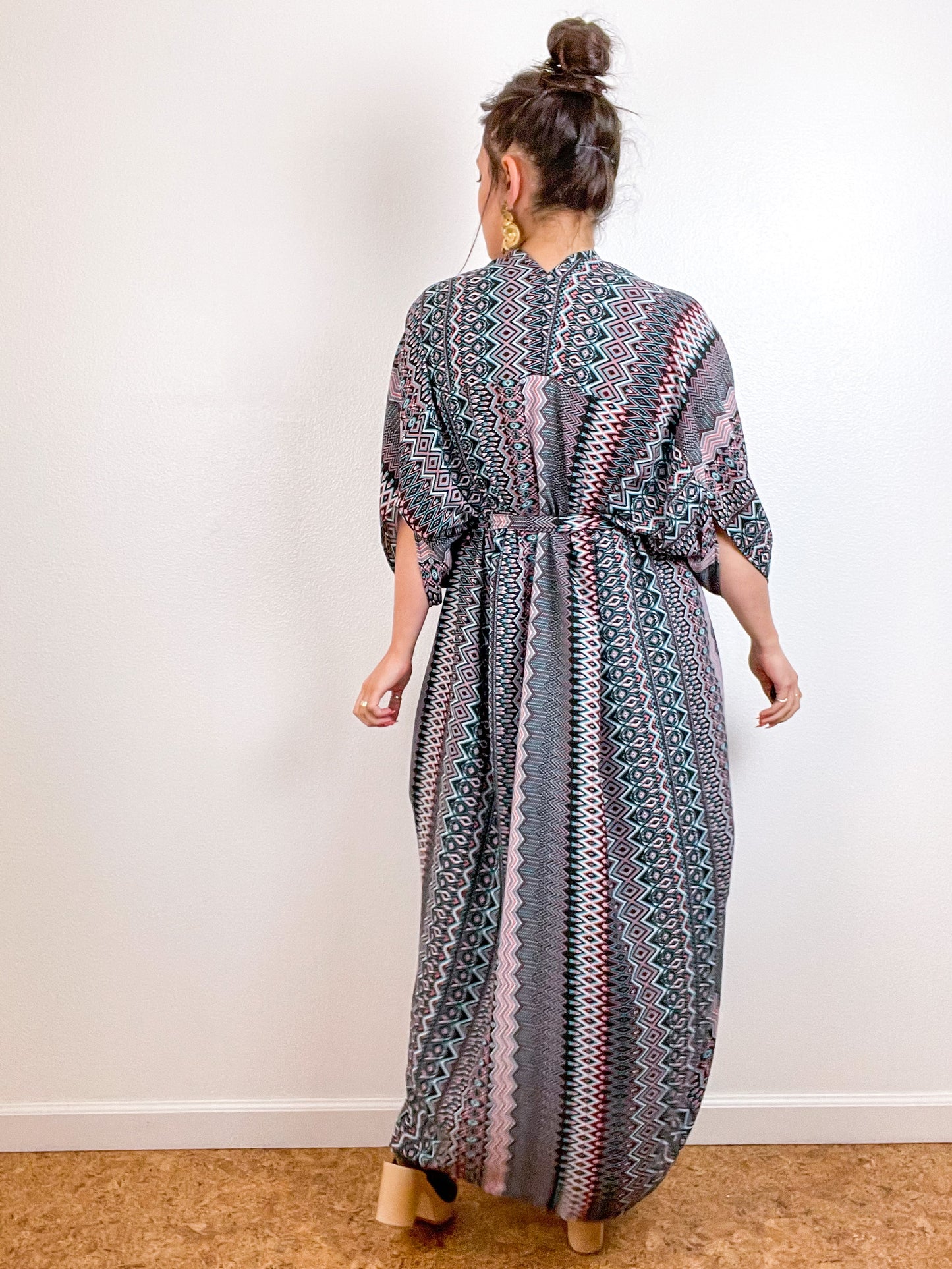 Print High Low Kimono Peach Black Ziggy Crepe