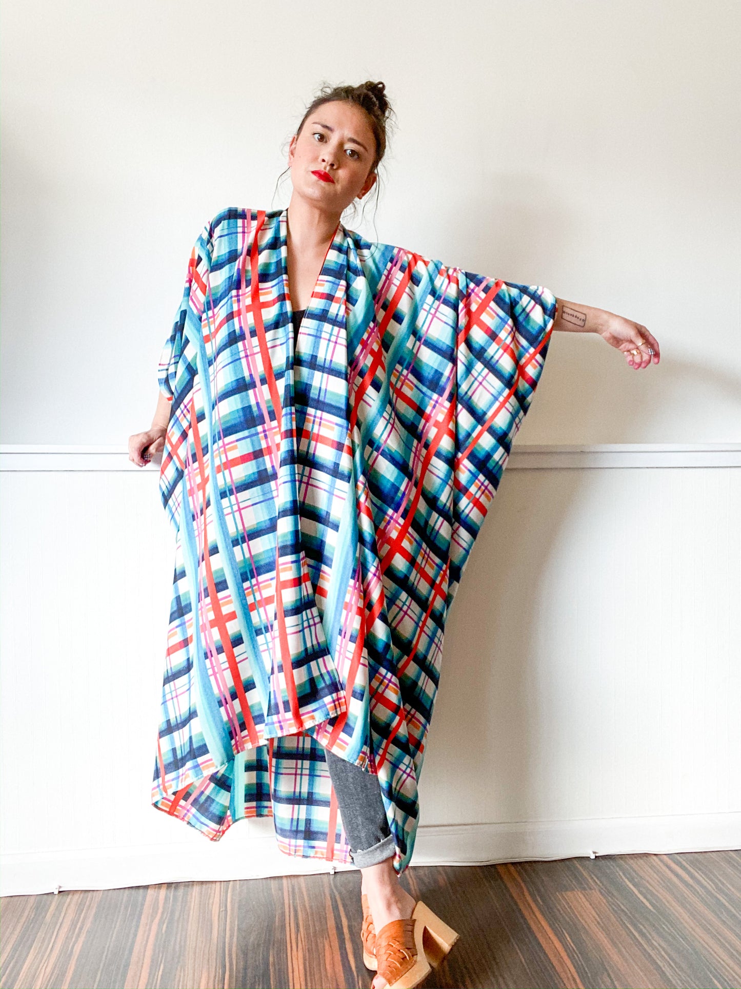 Print High Low Kimono Turquoise Orange Plaid Crepe de Chine